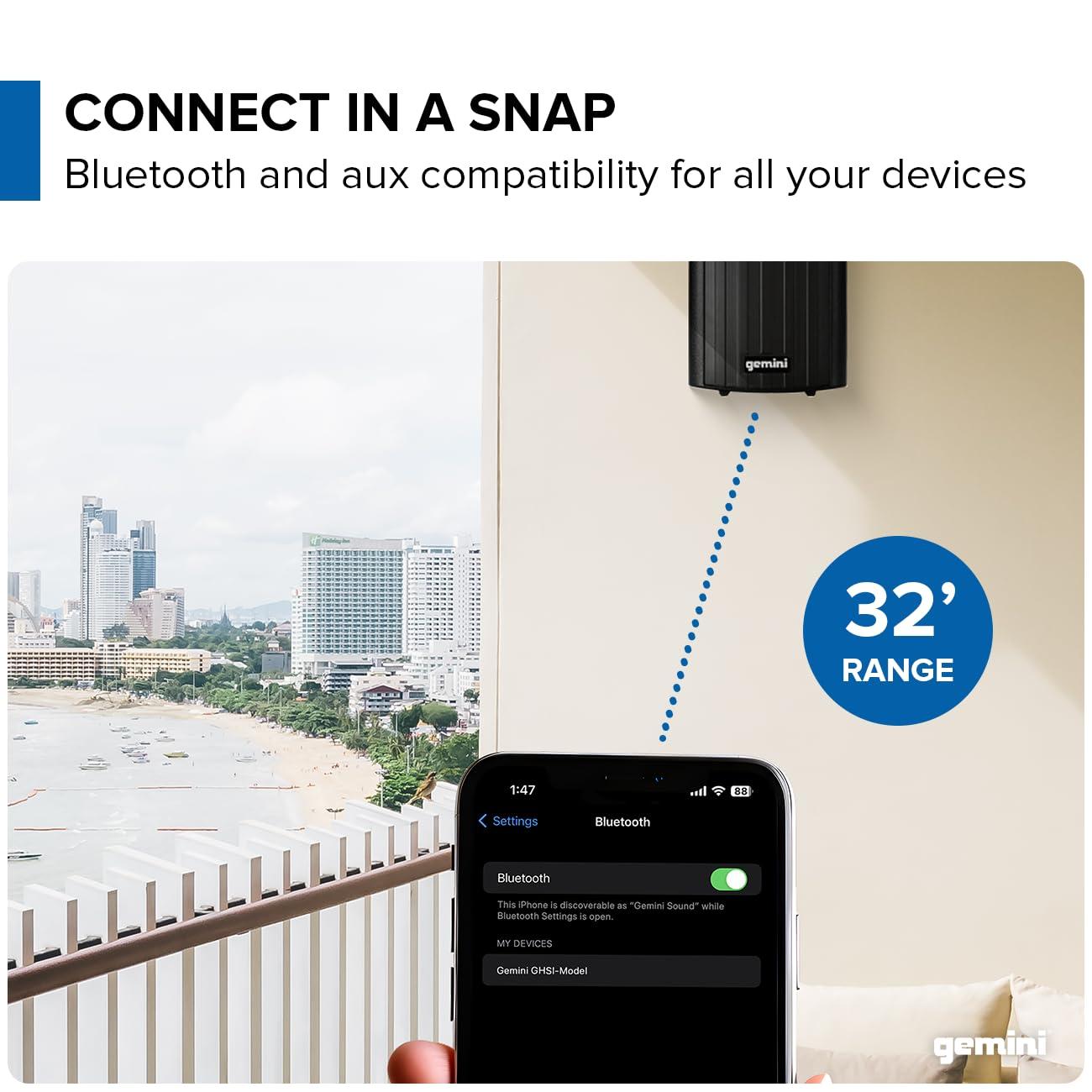 Gemini Sound Gemini Sound GHSI-W400BT 4" Outdoor Bluetooth Speakers Wired Powered IP44 Waterproof Wall Mount Pair, Rust-Proof Aluminum Grills, Expandable to 16 Speakers, Compact Full-Range Stereo (Black)