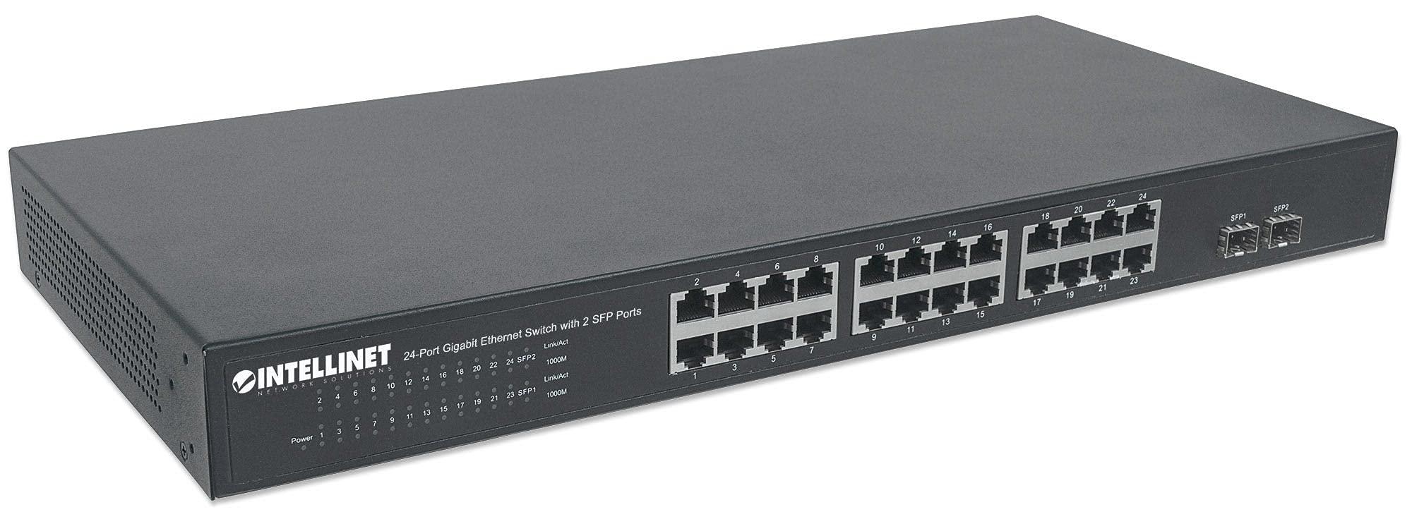 Intellinet Network Solutions Intellinet 24 Port Gigabit Ethernet Switch with 2 SFP Ports Unmanaged - Rackmount / Desktop, Fanless & Quiet, Sturdy Metal, 52 Gbps Switch Fabric 3 Yr Mfg Warranty - 561044