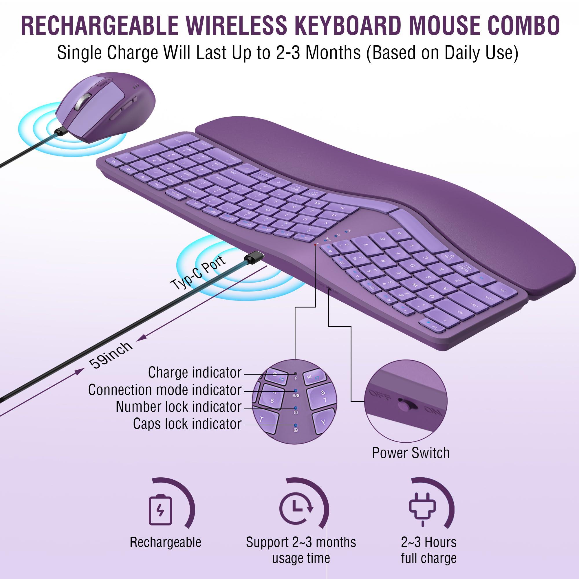 EDJO Ergonomic Wireless Keyboard Mouse Combo, EDJO Bluetooth/2.4G Dual Channel, Split Design, Soft Foam Palm Rest, 4 Level DPI Adjustable Wireless Mouse, Rechargeable, for Windows/Mac/Android(Purple)
