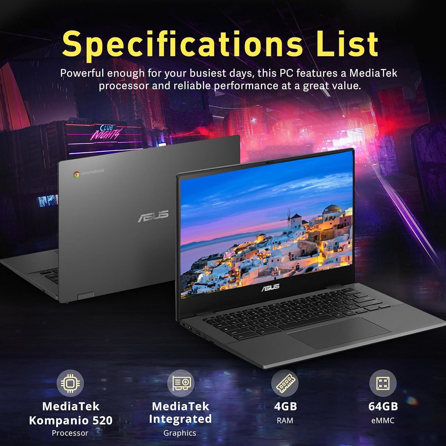 ASUS ASUS-Chromebook Laptop-Google Chrome - 8Core MediaTek Kompanio 520-14 inch FHD Display - USB C - Wi-Fi 6 - Long Battery Life - Student - 2024 (4GB RAM | 96GB Storage)