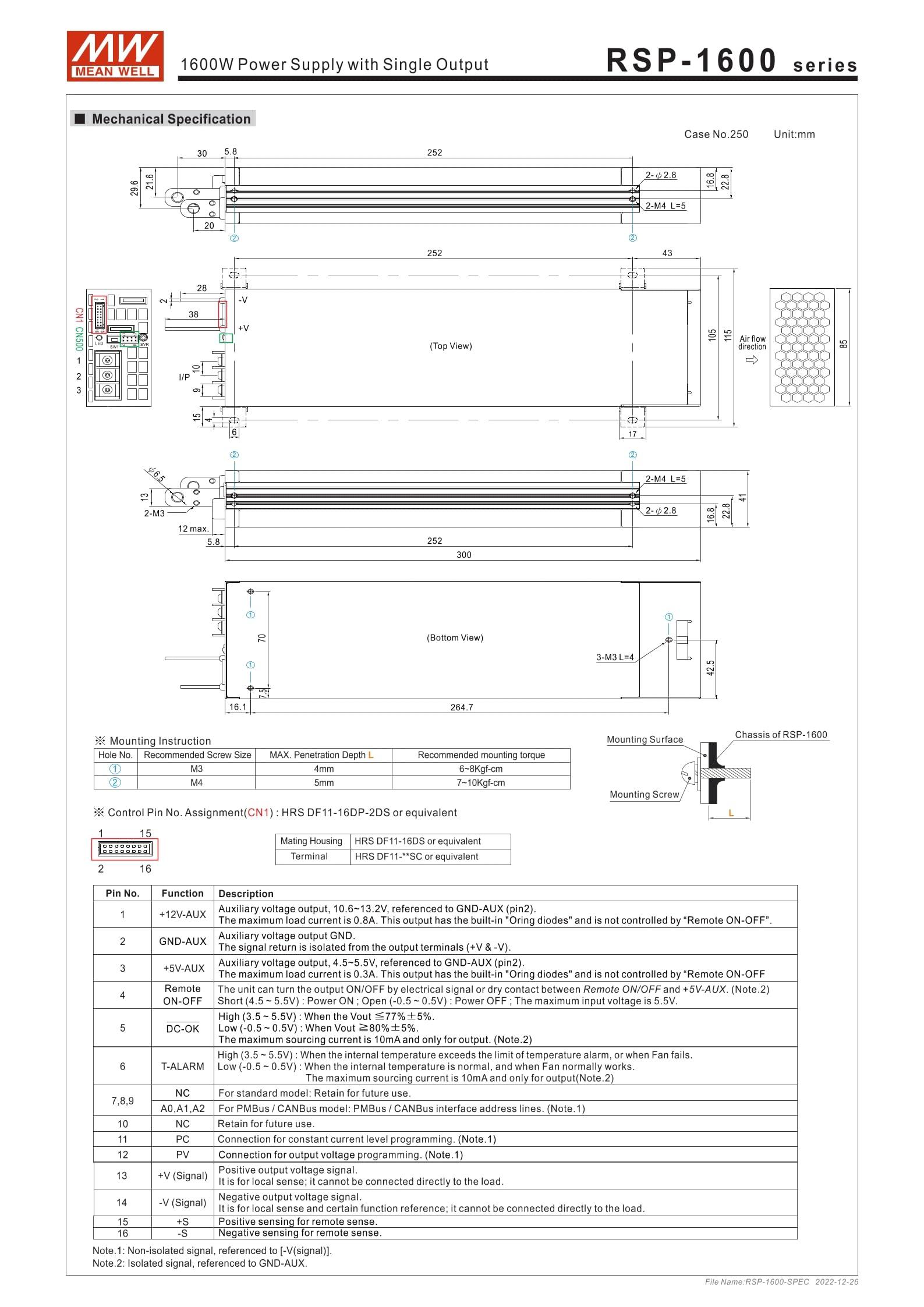 MeanWell Mean Well RSP-1600-24 1608W Power Supply with Single Output RSP-1600 24V/67A