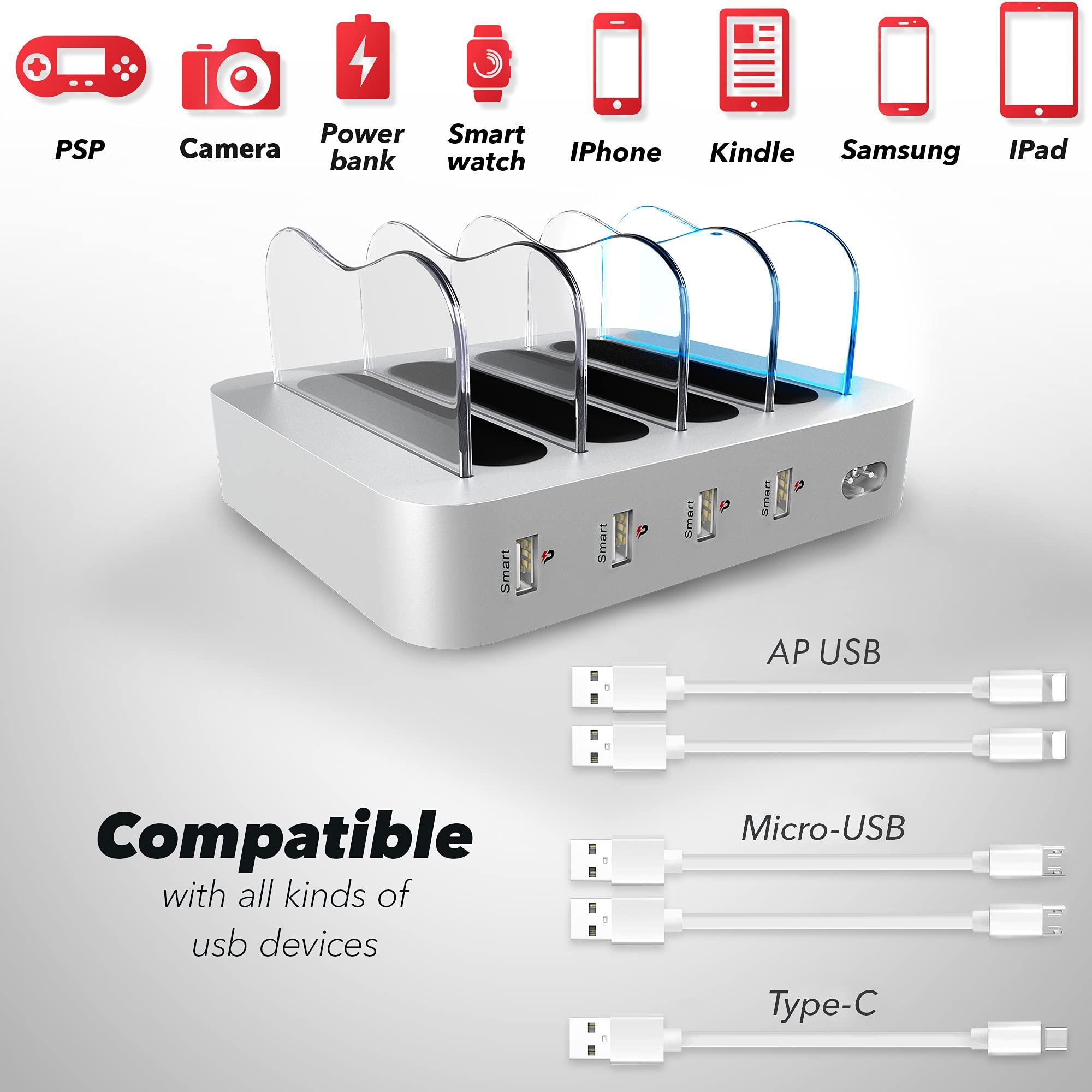 Poweroni Poweroni 4 Port USB Charging Station - Fast Charging Dock for Multiple Devices Apple - Multi Device Charger Station - Compatible with Apple iPad, iPhone, Android, and Tablet - Charging Rack