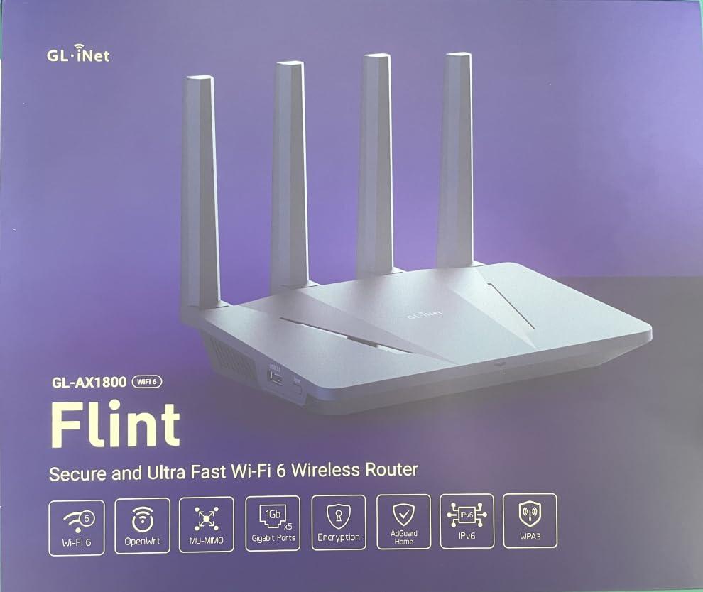 GL.iNet GL.iNet GL-AX1800(Flint) WiFi 6 Router -Dual Band Gigabit Wireless Internet Router | 5 x 1G Ethernet Ports | Up to 120 Devices | OpenVpn&WireGuard