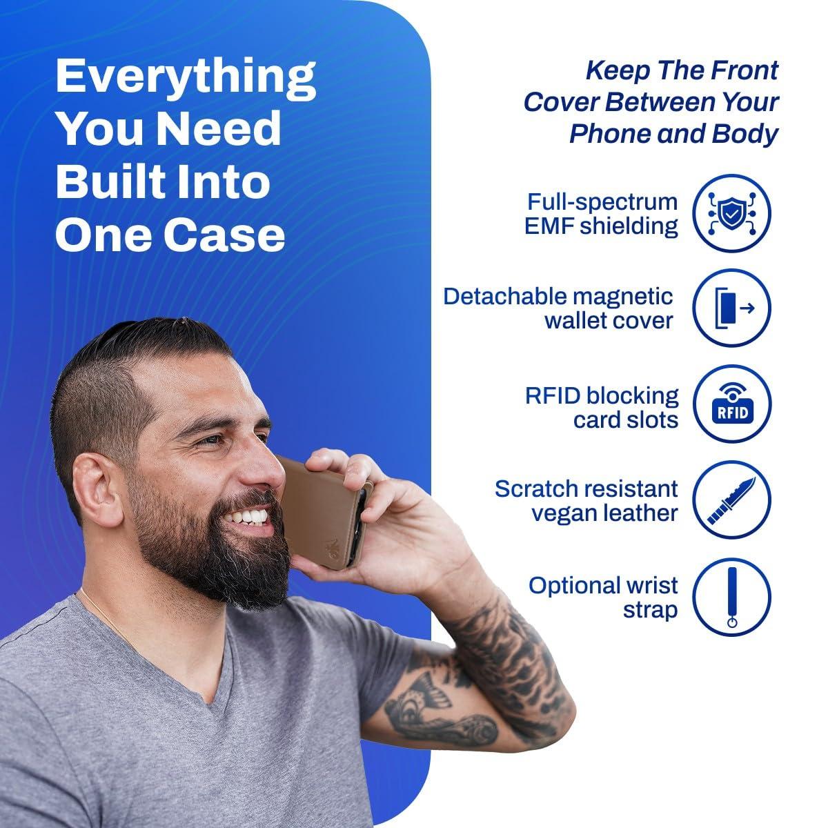 DefenderShield DefenderShield EMF Protection & 5G Anti Radiation iPhone 14 Plus Case - RFID Blocking EMF Shield Detachable Wallet Case with Magnetic Closure (Brown)