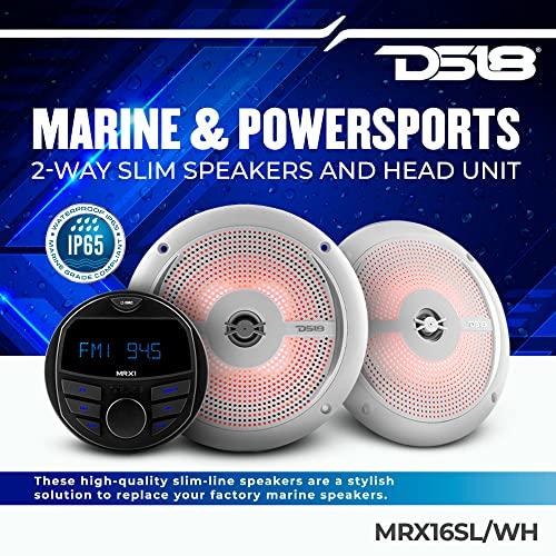 DS18 DS18 MRX16SL/WH Powersports & Marine Multimedia Radio & 2 Way 6.5” Slim Speaker Package – RGB Lights, Bluetooth, Waterproof