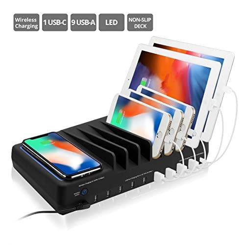SIIG SIIG 10 Port 90W USB Charging station with Qi wireless and USB C Charging, Ambient Light Deck compatible with iPhone iPad Samsung Galaxy Google Nexus