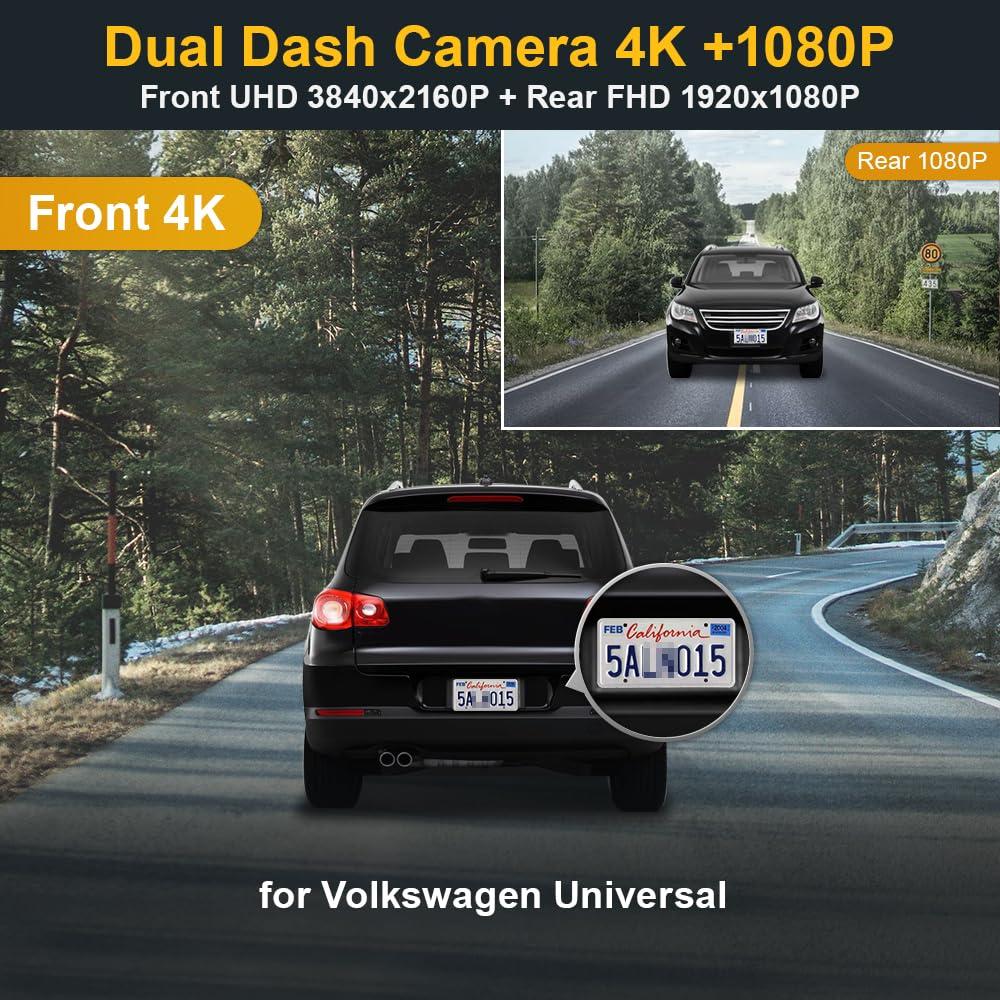 FITCAMX Fitcamx Front 4K+Rear 1080P Dash Cam Universal for Volkswagen (HD2-6013), Integrated OEM Look, Dual HD Recording, WiFi Connect & APP, Loop Recording, Parking Mode, Easy to Set, 128GB Card