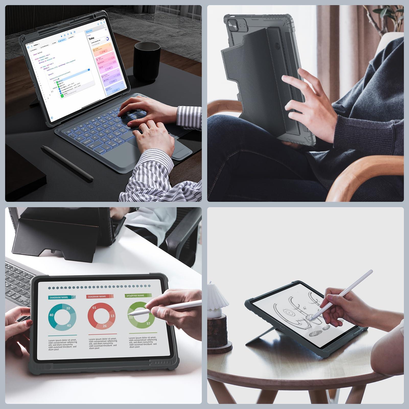 Nillkin Nillkin Keyboard Case for iPad Air 13-inch (M3 2025/M2 2024), iPad Pro 12.9-inch (6th/5th/4th/3rd Gen) Rugged Case with Detachable Keyboard, Magic Trackpad, 7-Color Backlit, Portrait/Landscape, Gray