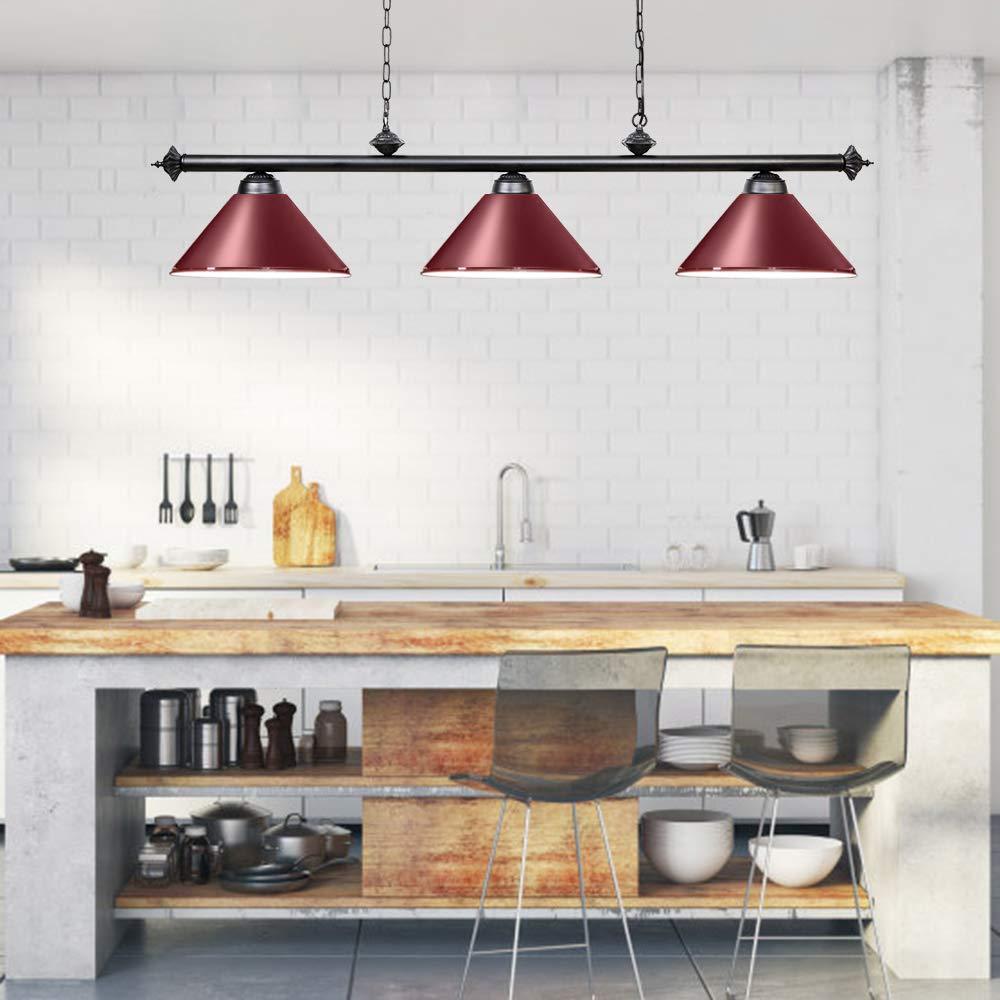 Wellmet Wellmet Pool Table Lights for 8'/9' Table with 3 Metal Shades, Billiard Lamp for Man Cave, Game Room, Kitchen Island Light for Restaurant Or Dining Room (Burgundy, 59 inch-3 Lights)