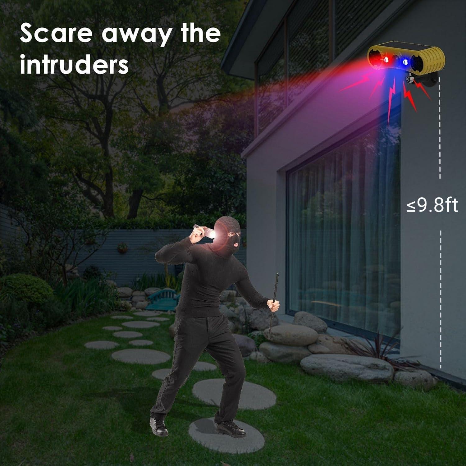 HULPPRE HULPPRE Solar Outdoor Motion Sensor Alarm-13 Sounds Including Dog Barking&Gunshot,2*130db Loud Noise Maker,4 Modes,Red&Blue Motion Activated Strobe Light,Say Goodbye to The Intruders