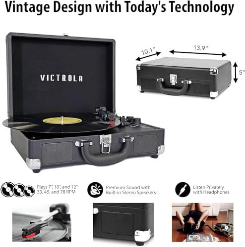 Victrola Victrola Vintage 3-Speed Bluetooth Portable Suitcase Record Player with Built-in Speakers | Upgraded Turntable Audio Sound| Includes Extra Stylus | Light Gray