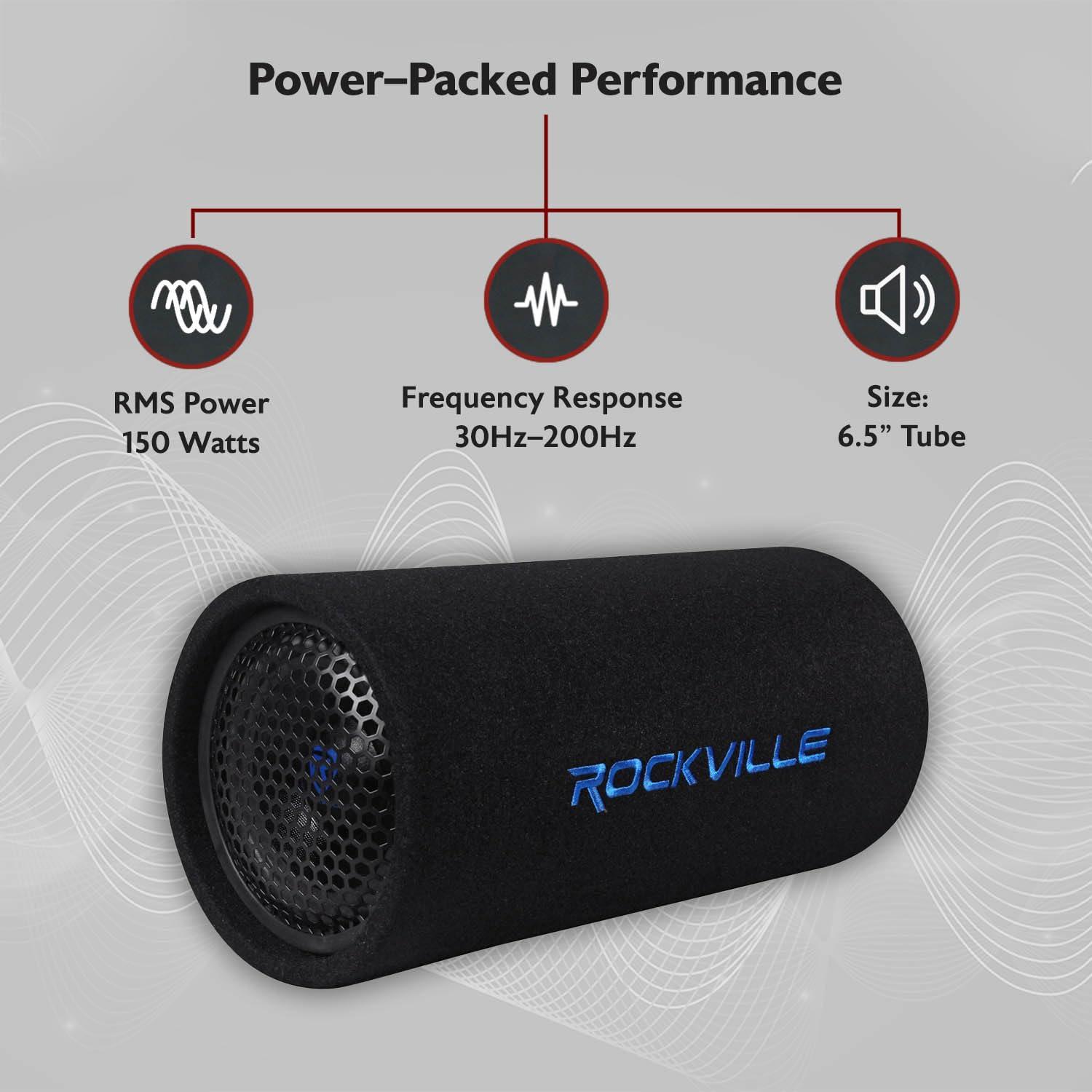 Rockville Rockville RTB65A 6.5\" Powered Subwoofer Bass Tube, 300W Peak, Deep Bass, Built-In Amp, MP3 Input, Crossover, Vented Enclosure, Perfect for Car Audio
