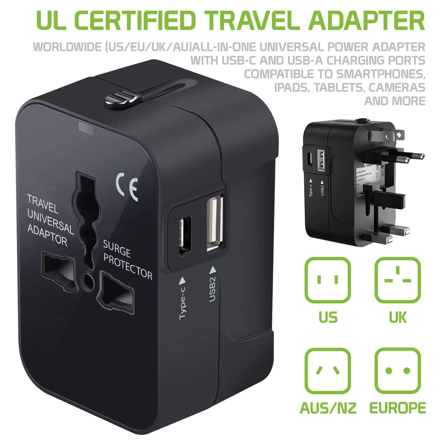 Cellet Portable Worldwide Universal Power Adapter Converter All in One International Wall Charger Plug for Wall Plug Input in USA EU UK France Italy Australia India Outlets (with USB-A and USB-C)
