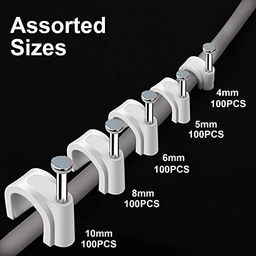 Marvelity 500pcs Cable Clips with Steel Nail in Cable Clips White 4mm 5mm 6mm 8mm 10mm Cable Wire Clips Cable Wall Clip Wire Staples Cord Clips for Wall Coaxial Cable Staples RG6 RG59 CAT6 RJ45 Wire Clips