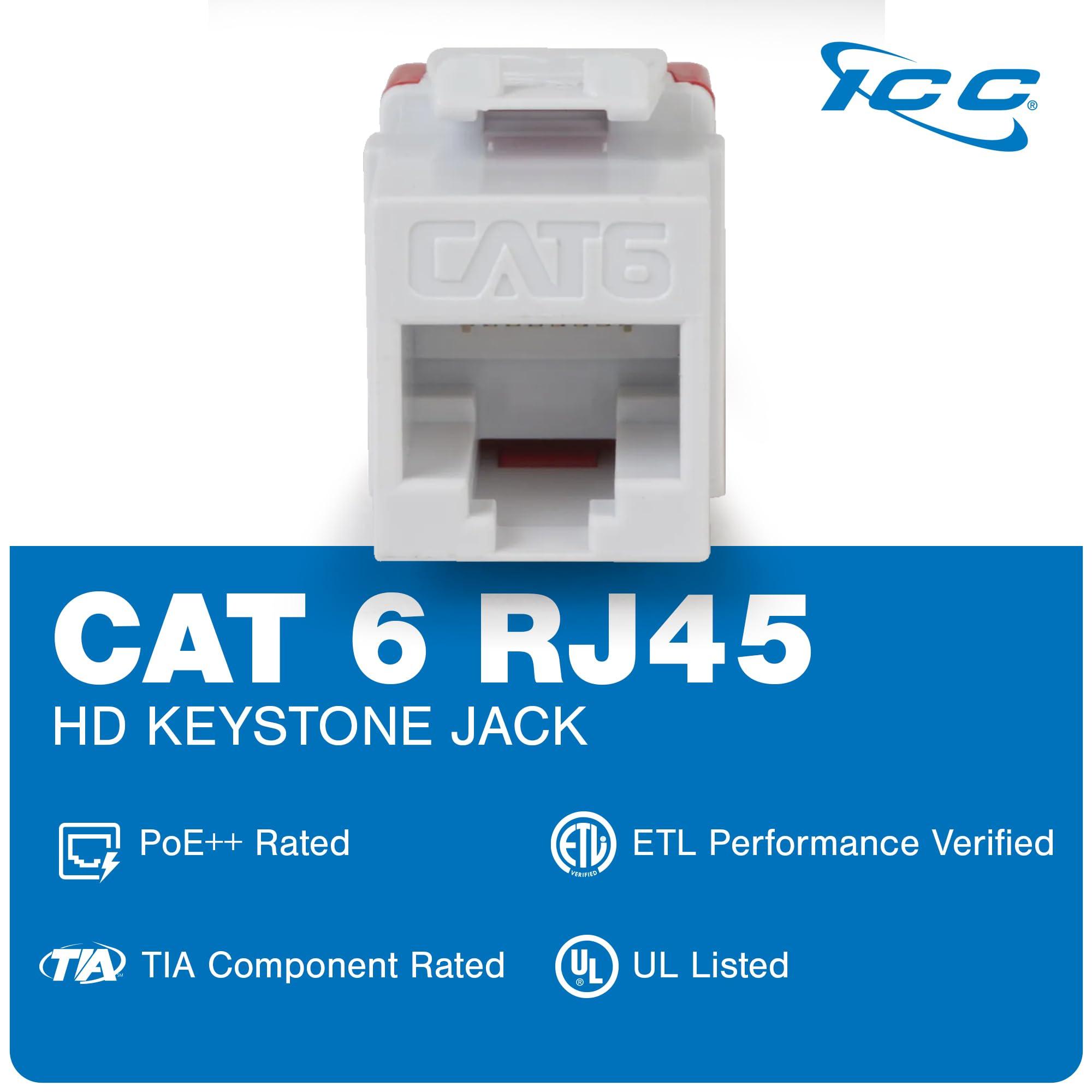 ICC ICC CAT6 Keystone Jack with Slim Profile 180 Degree Punch Down, RJ45 UL Listed PoE++ TAA Compliant for Wall Plate or Patch Panel, Works with JackEasy Termination Tool, Almond