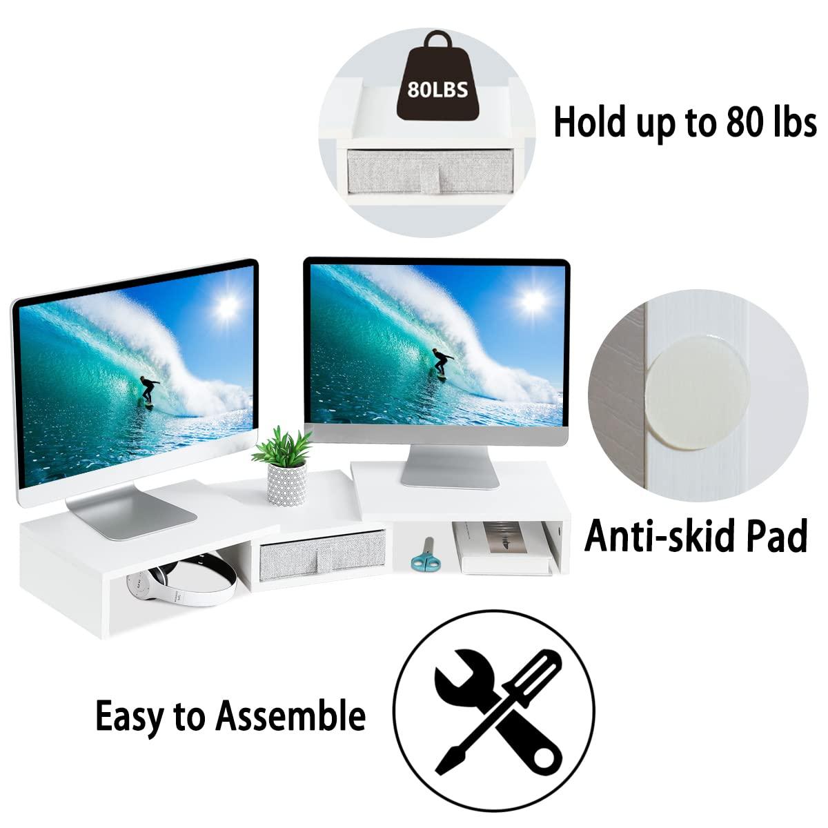 TEAMIX TEAMIX White Dual Monitor Stand Riser with Drawer - Length and Angle Adjustable Double Corner Desk Shelf Organizer 37 inch Long for 2 Laptop/PC/Screen/TV