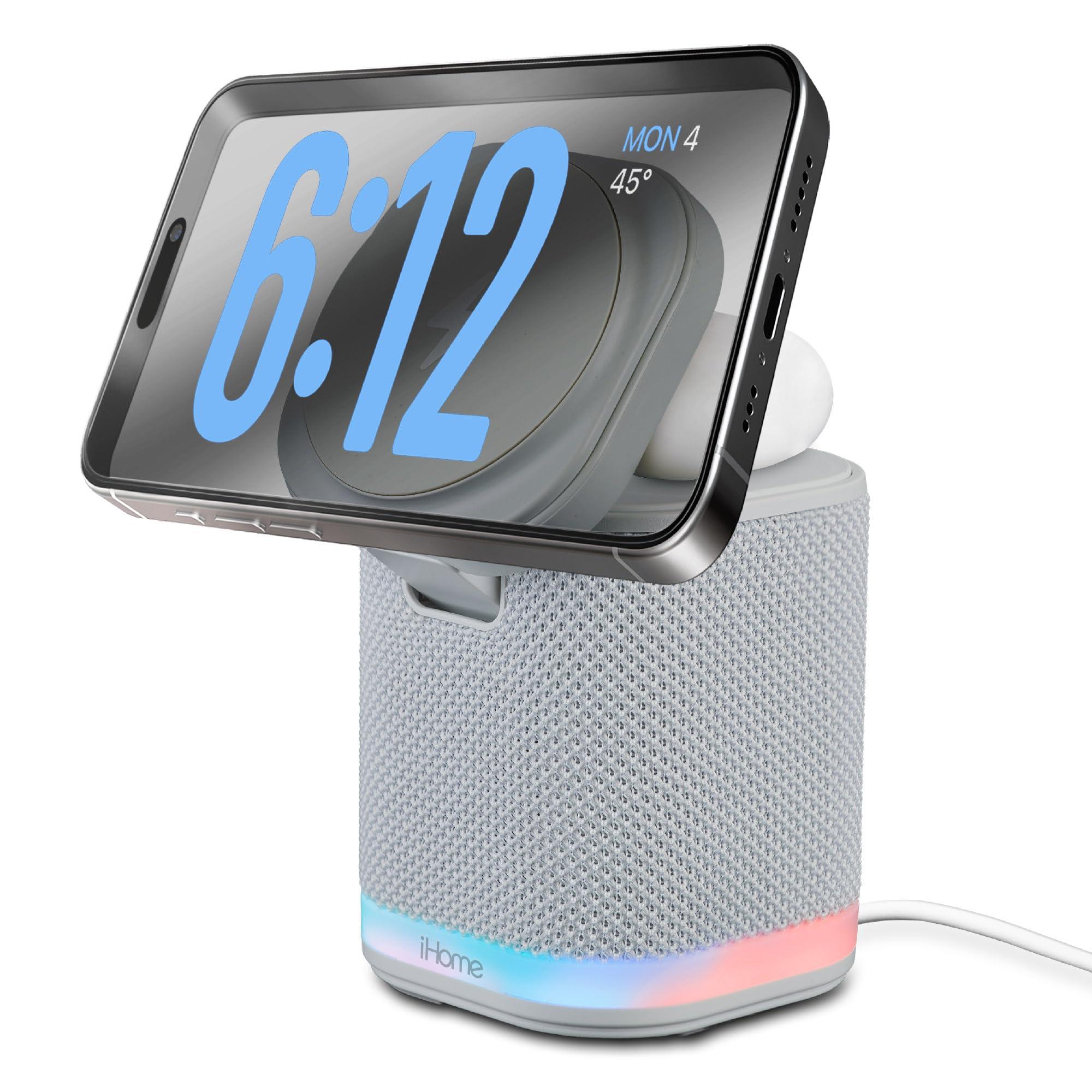 iHome iHome Bluetooth Speaker with Wireless Charger, Charging Station with Color Changing Night Light - Gray (iPBT50G)