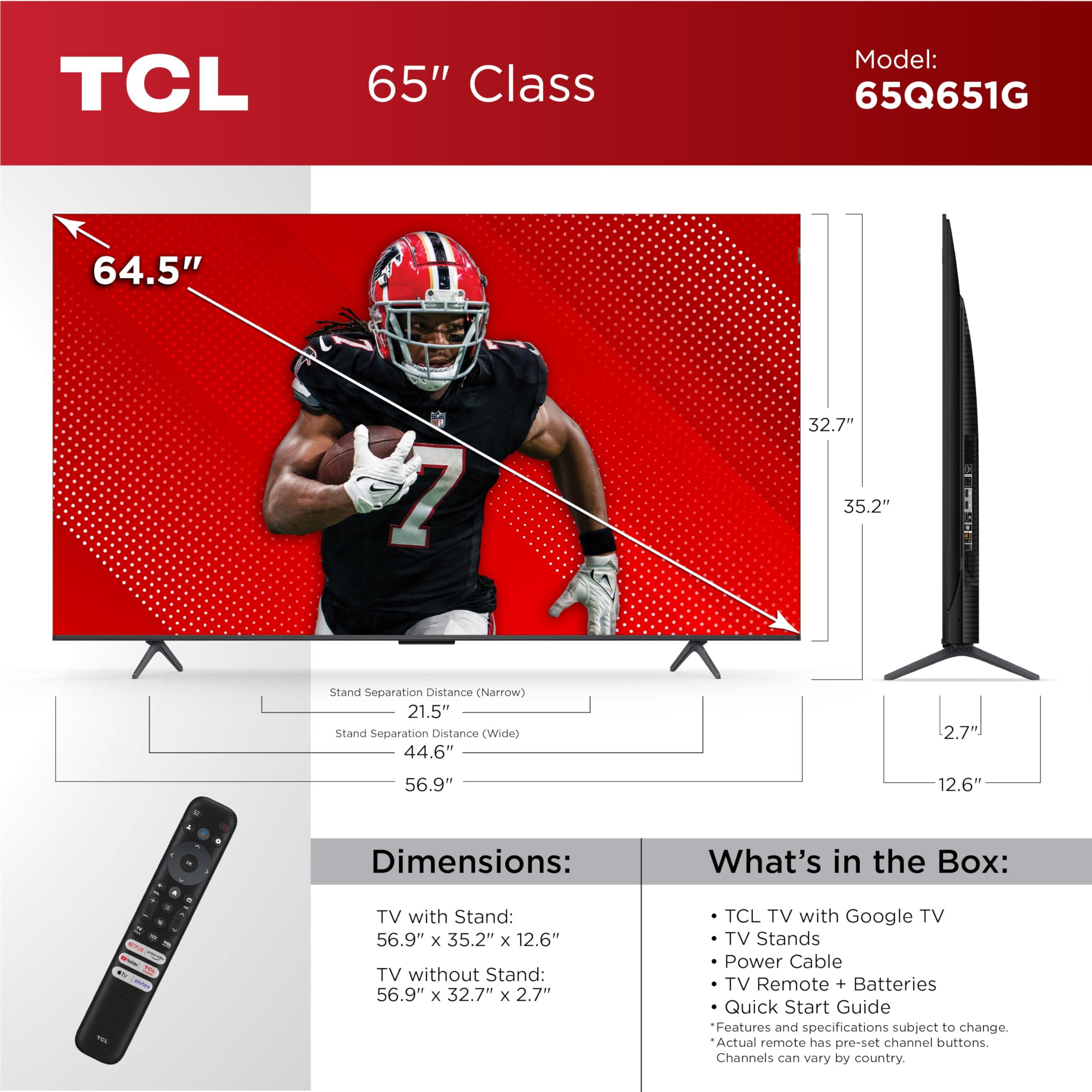 TCL TCL 65-Inch Q65 QLED 4K UHD Smart TV with Google TV (65Q651G, 2024 Model) Dolby Vision, Dolby Atmos, HDR Pro+, Game Accelerator Enhanced Gaming, Voice Remote, Works with Alexa, Streaming Television
