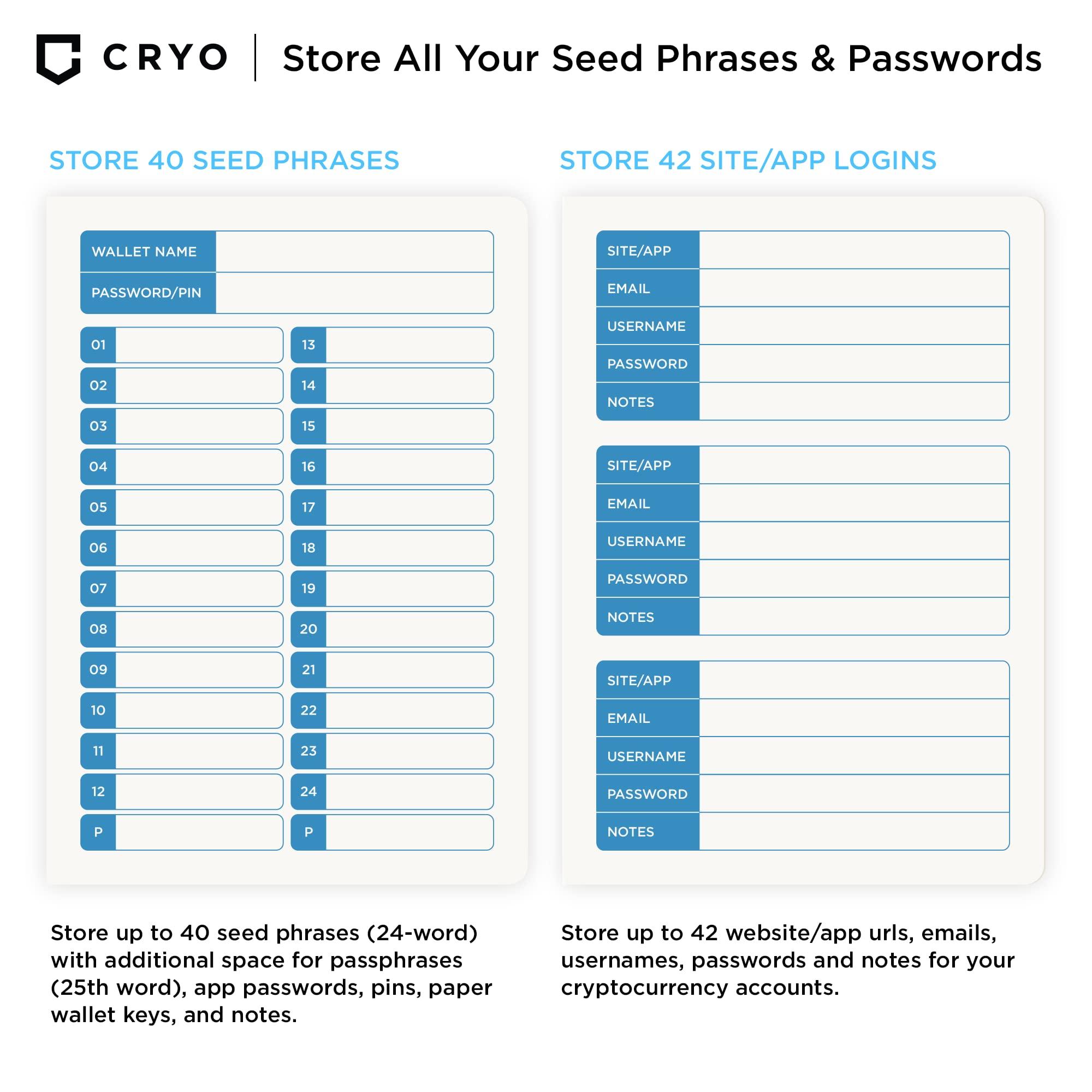 CRYO CRYO Crypto Seed Storage Bundle - Fireproof Stainless Steel Bitcoin Wallet (DOT) + Waterproof Recovery Seed Phrase Notebook (2-Pack) - BIP39 Cryptocurrency Backup System