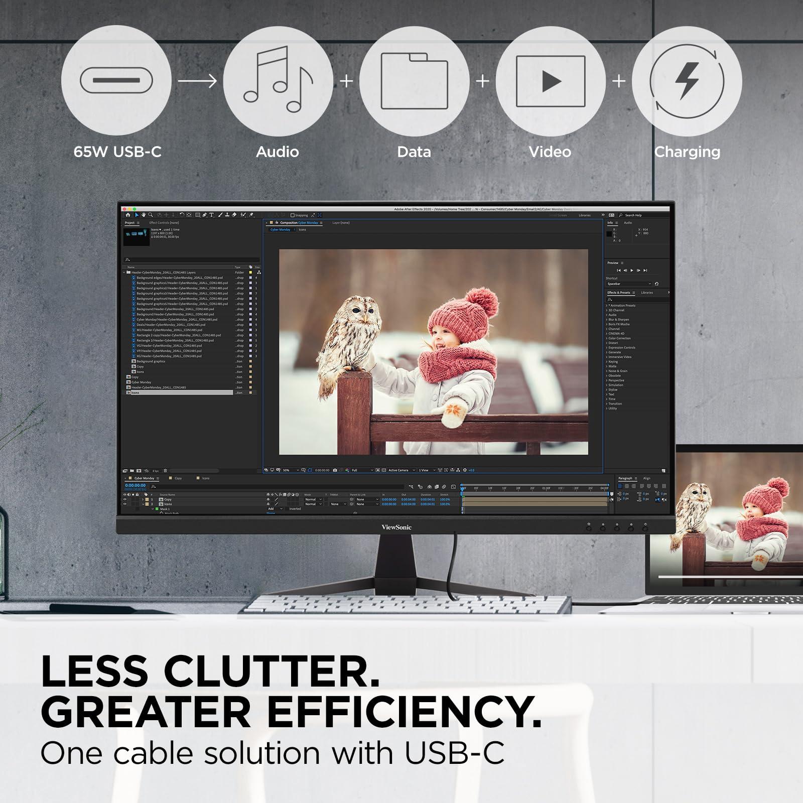 ViewSonic ViewSonic VX3267U-2K 32 Inch 1440p IPS Monitor with 65W USB C, HDR10 Content Support, Ultra-Thin Bezels, Eye Care, HDMI, and DP Input, Black