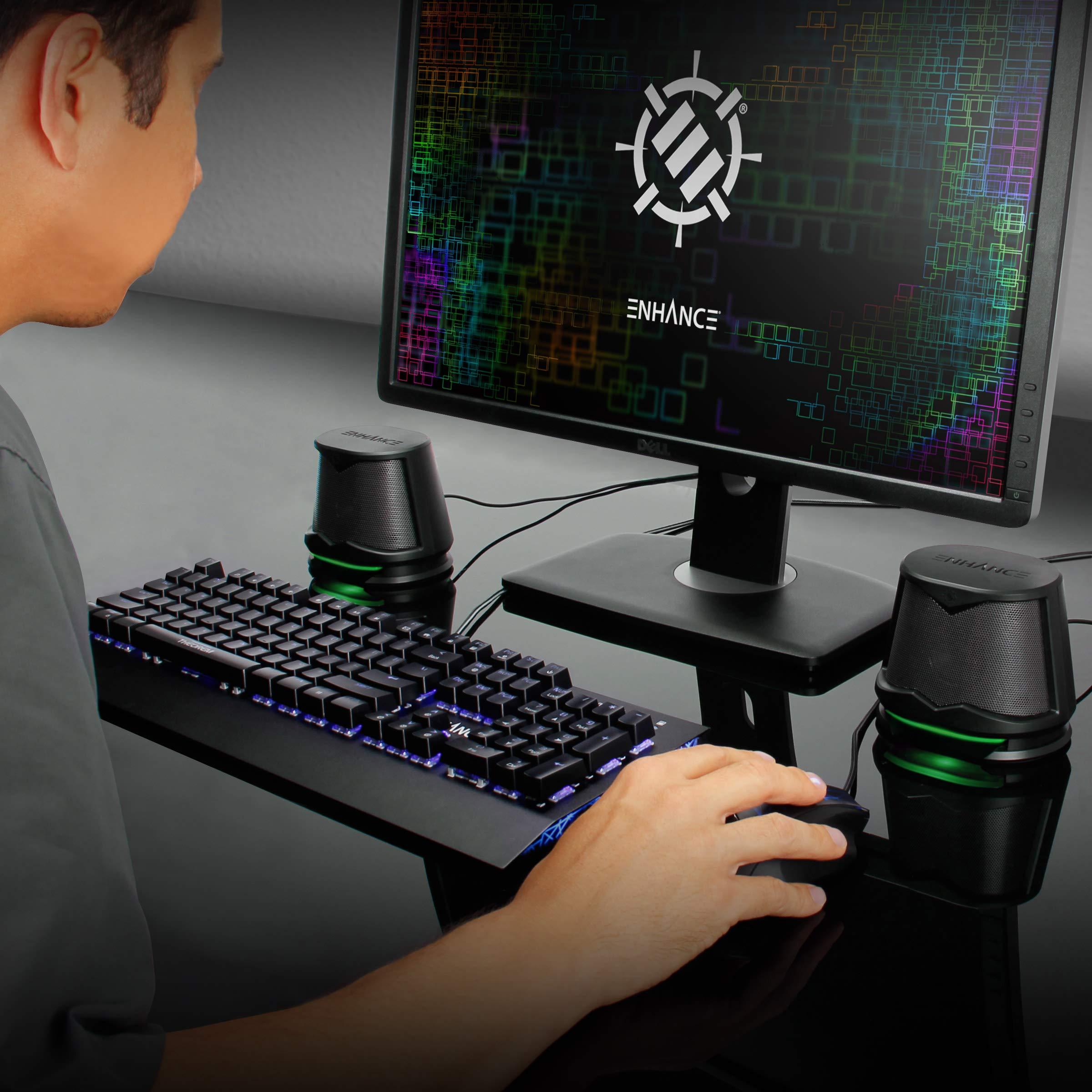 ENHANCE ENHANCE SB2 Computer Speakers with Green LED Light, 2.0 USB Powered Stereo - Speakers for PC, Work from Home Accessories, Surround Sound with 3.5mm Plug - Compatible with Gaming Laptop, Desktop