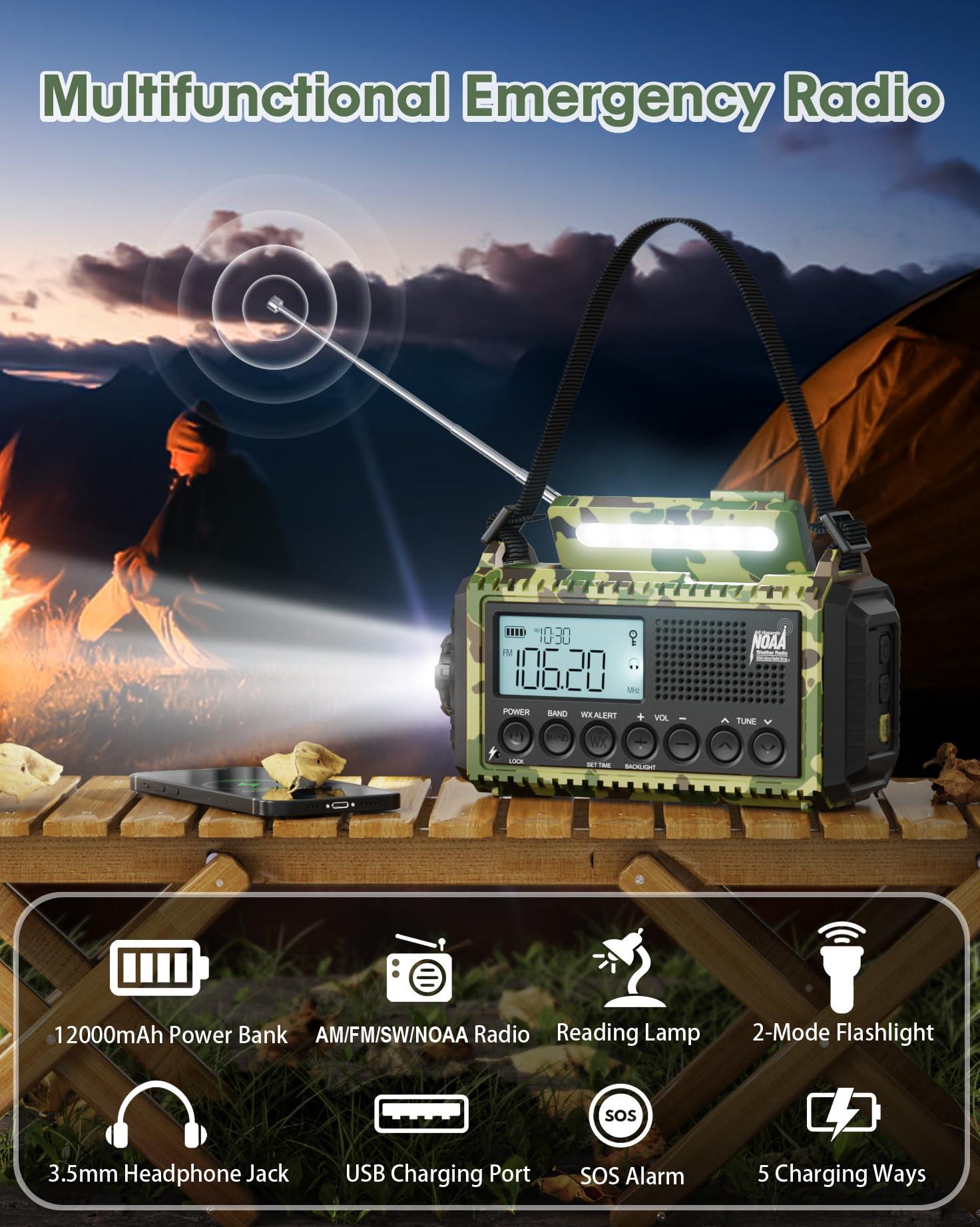 Roxicosly 12000mAh Radio Portable AM FM, Rechargeable Hand Crank Emergency Radio with 7 NOAA Weather Bands, Loud SOS,Flashlight,Phone Charger,Reading Light,Solar Battery Operated Radio for Power Outages