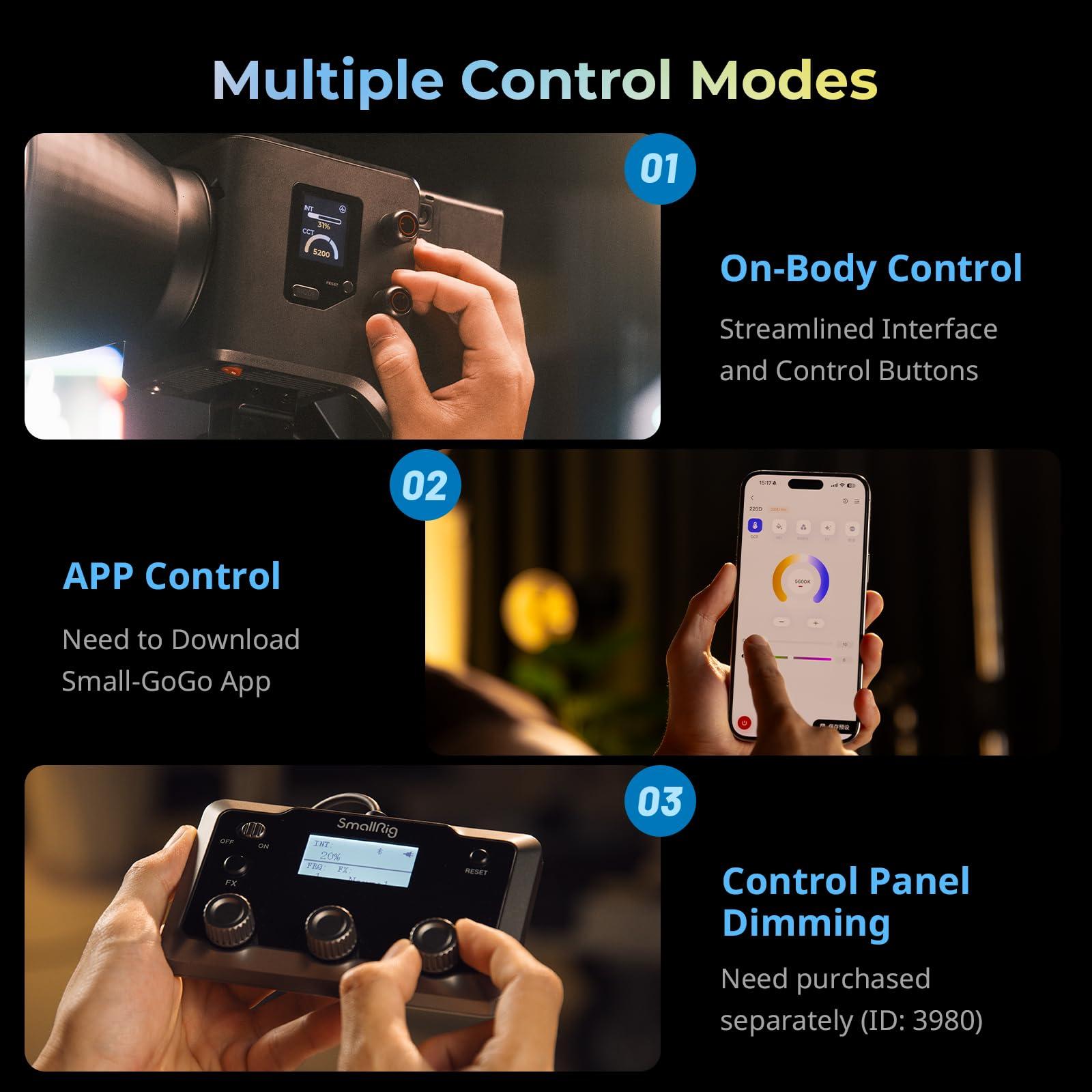 SMALLRIG SMALLRIG RC 220D Pro 220W COB Video Light, Daylight Continuous Output Light 5600K, CRI 95+, Modular Body Design Bowens Mount Light, Support 3 Power Supply Methods, App Control for Photography