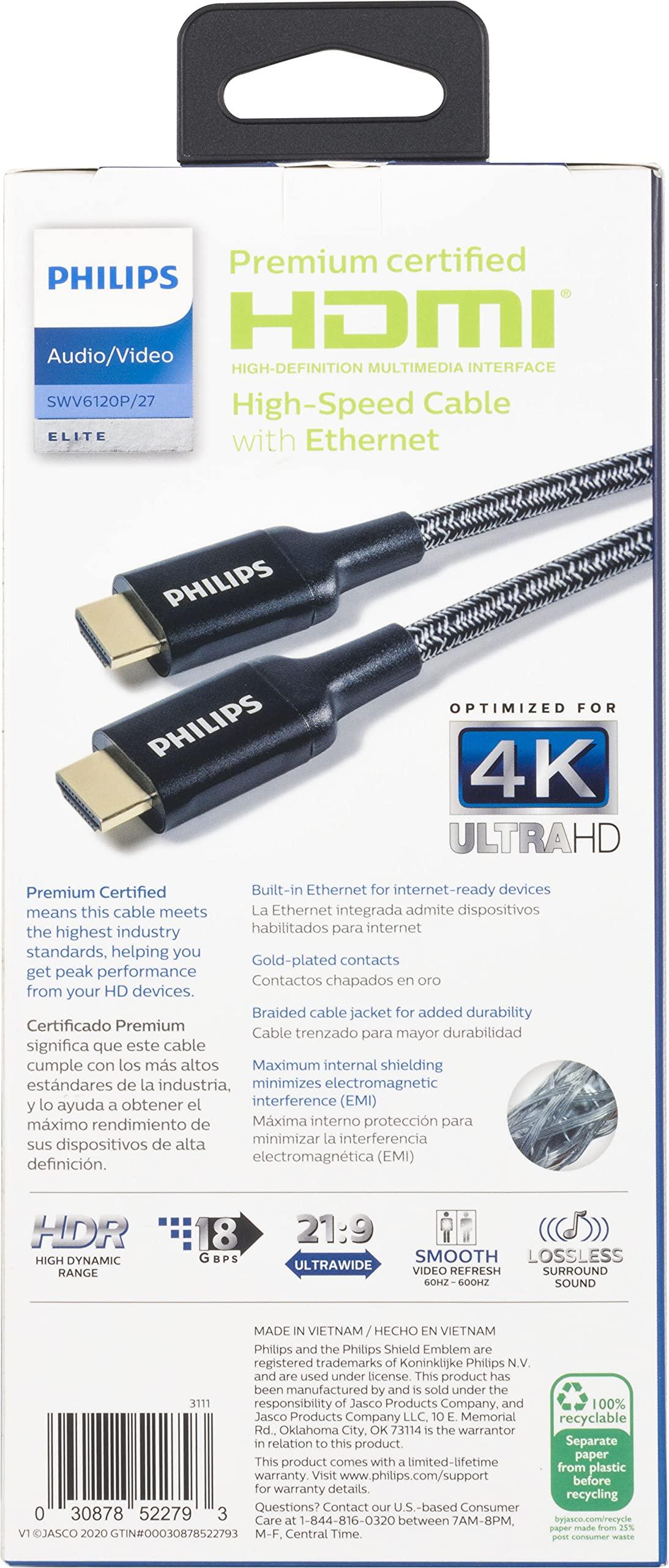 Philips Accessories Philips Premium Certified HDMI Cable, 4 ft. 1080p 120Hz 4K 60Hz, 18Gbps Ethernet HDMI 2.0, Gold Connectors, Braided Cable, for TV, Monitor, Laptop, PS4, PS5, Xbox One X S, SWV6120P/27