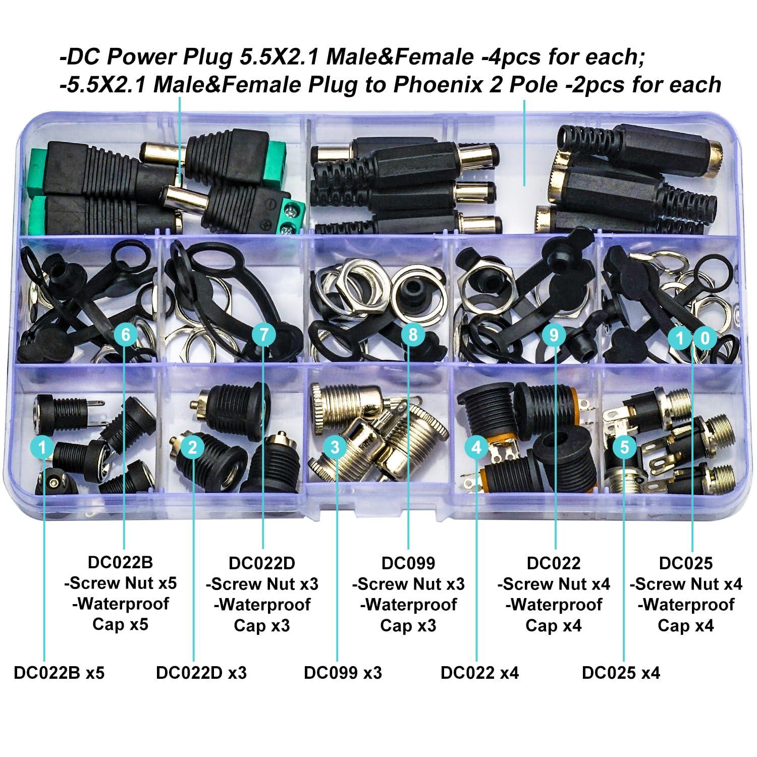 Kidisoii Kidisoii DC Power Jack Connector Assorted Kit, 5.5x2.1mm DC Power Supply Jack Socket Male Female Panel Mount Connector with Waterproof Cap & Hex Nut DC022B DC022D DC099 DC022 DC025 (DC-Cap-Kit)