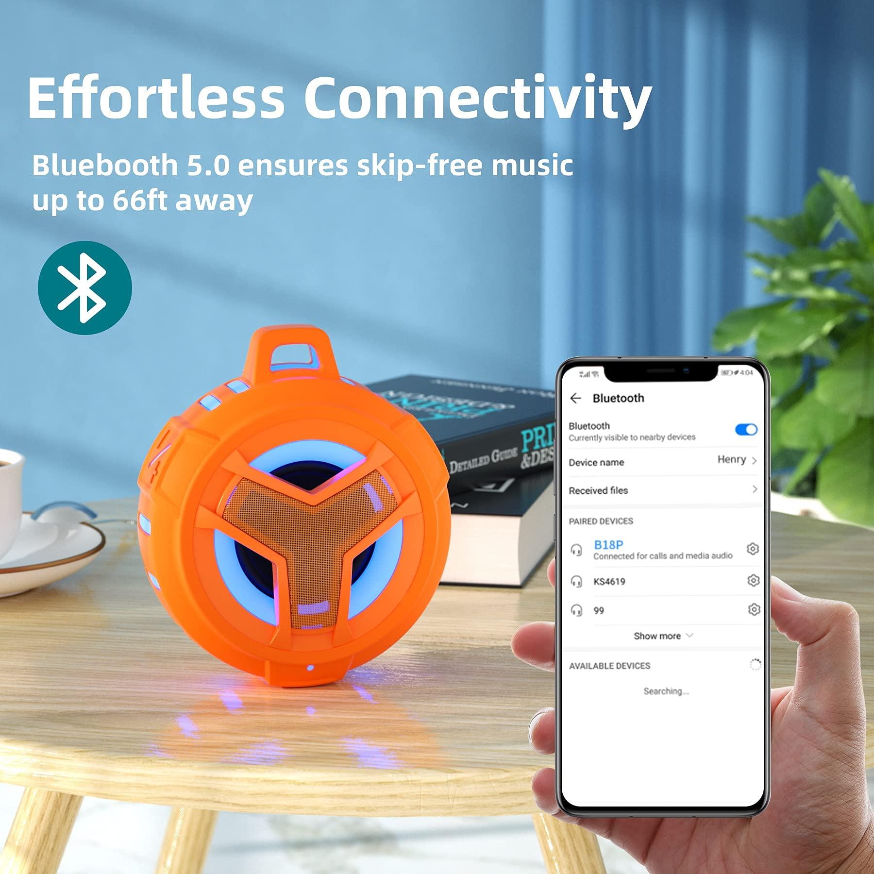 EBODA EBODA Bluetooth Shower Speaker, IPX7 Waterproof Portable Wireless Small Mini Speakers, Floating, 2000 mAh with RGB Light for Pool, Beach, Boat, Kayak Accessories, Gifts for Men and women -Orange