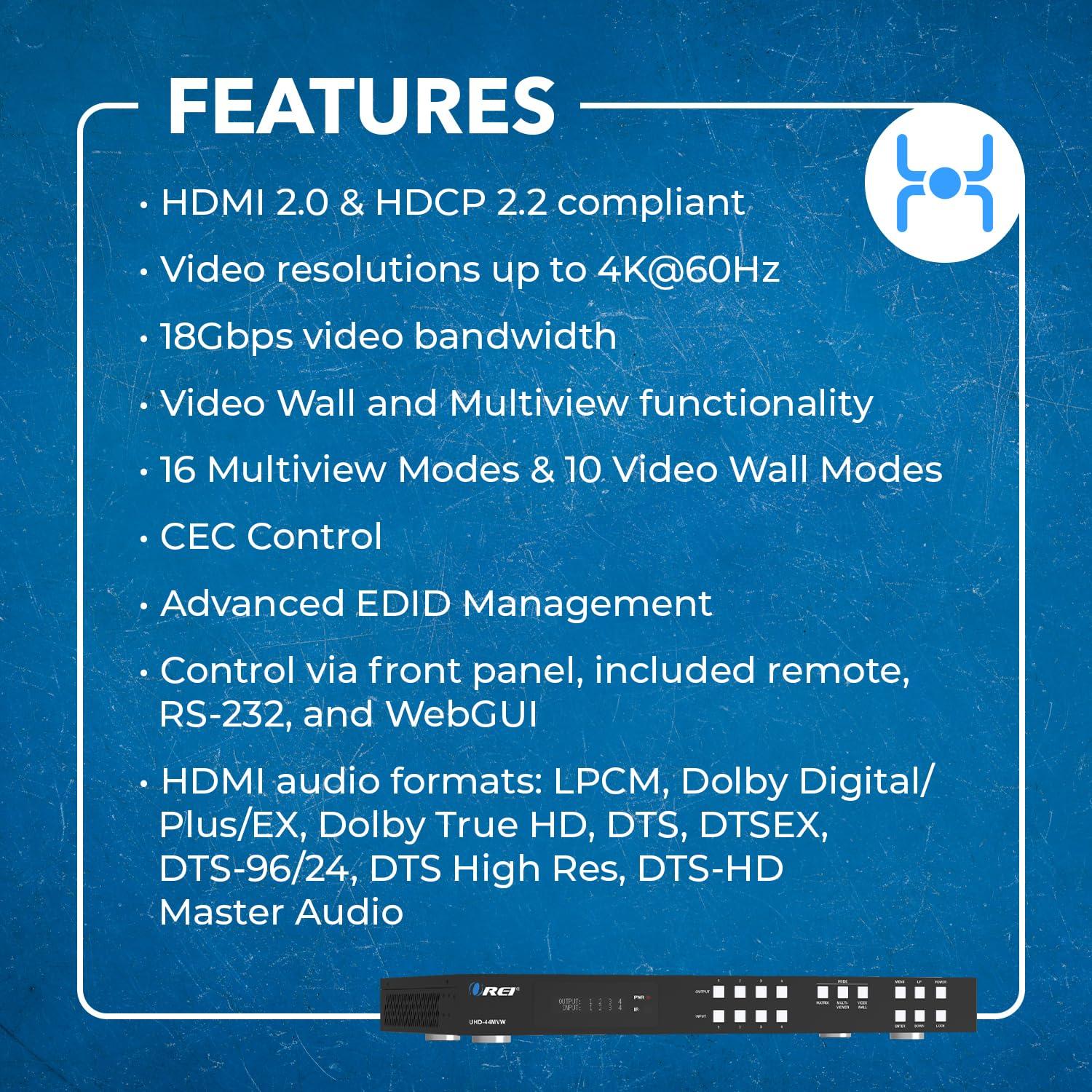 OREI OREI 4K 4x4 HDMI Matrix Video Wall Controller Processor Multiviewer Display Upto 4K 60hz 2x1, 1x2, 1x3, 1x4 Supports 180 Degree Rotate RS-232 Audio Extraction (UHD-44MVW)