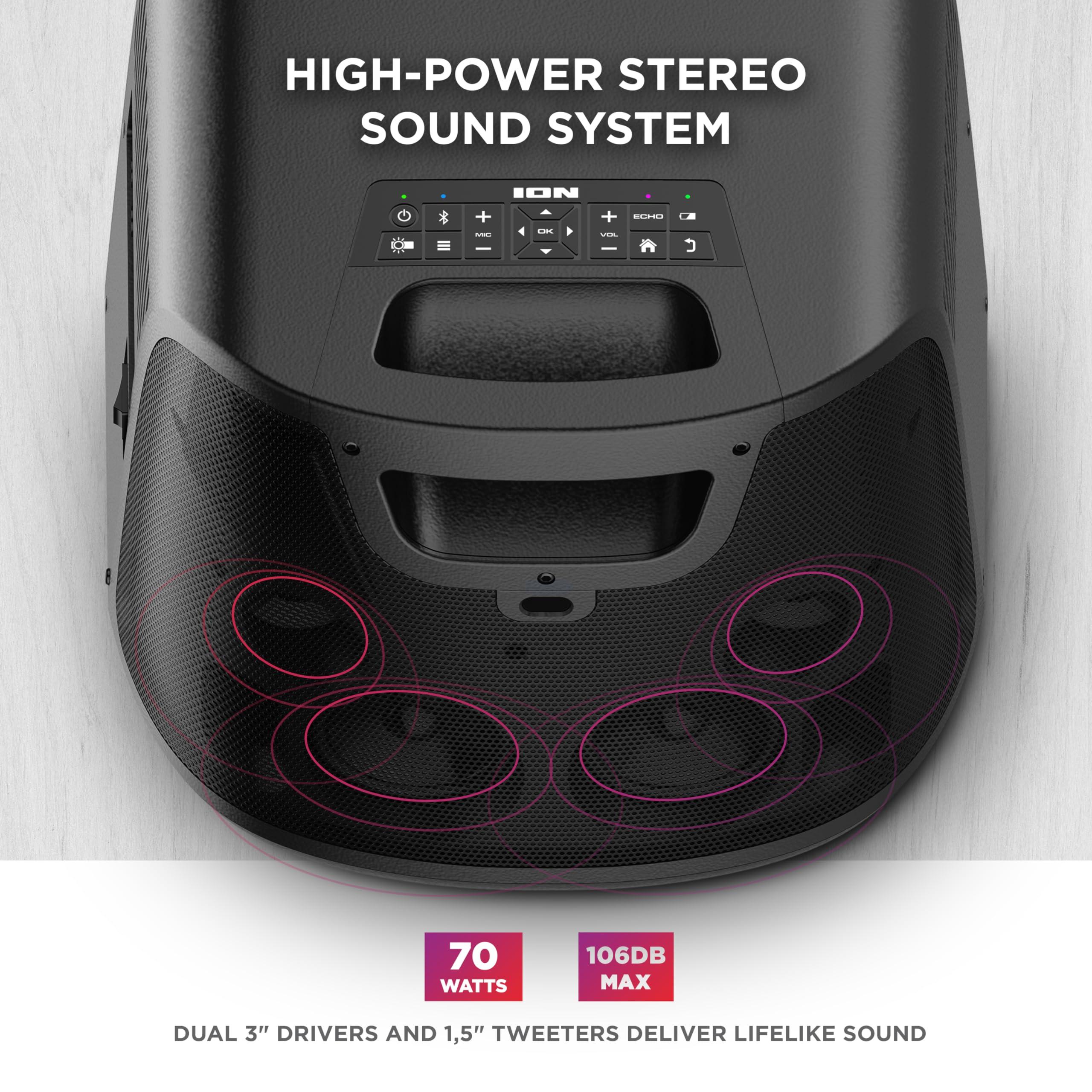 ION ION Portable Outdoor LED Projector with 70W Speakers, Bluetooth, Rechargeable Battery, Mic, USB and HDMI Connections, 720P HD