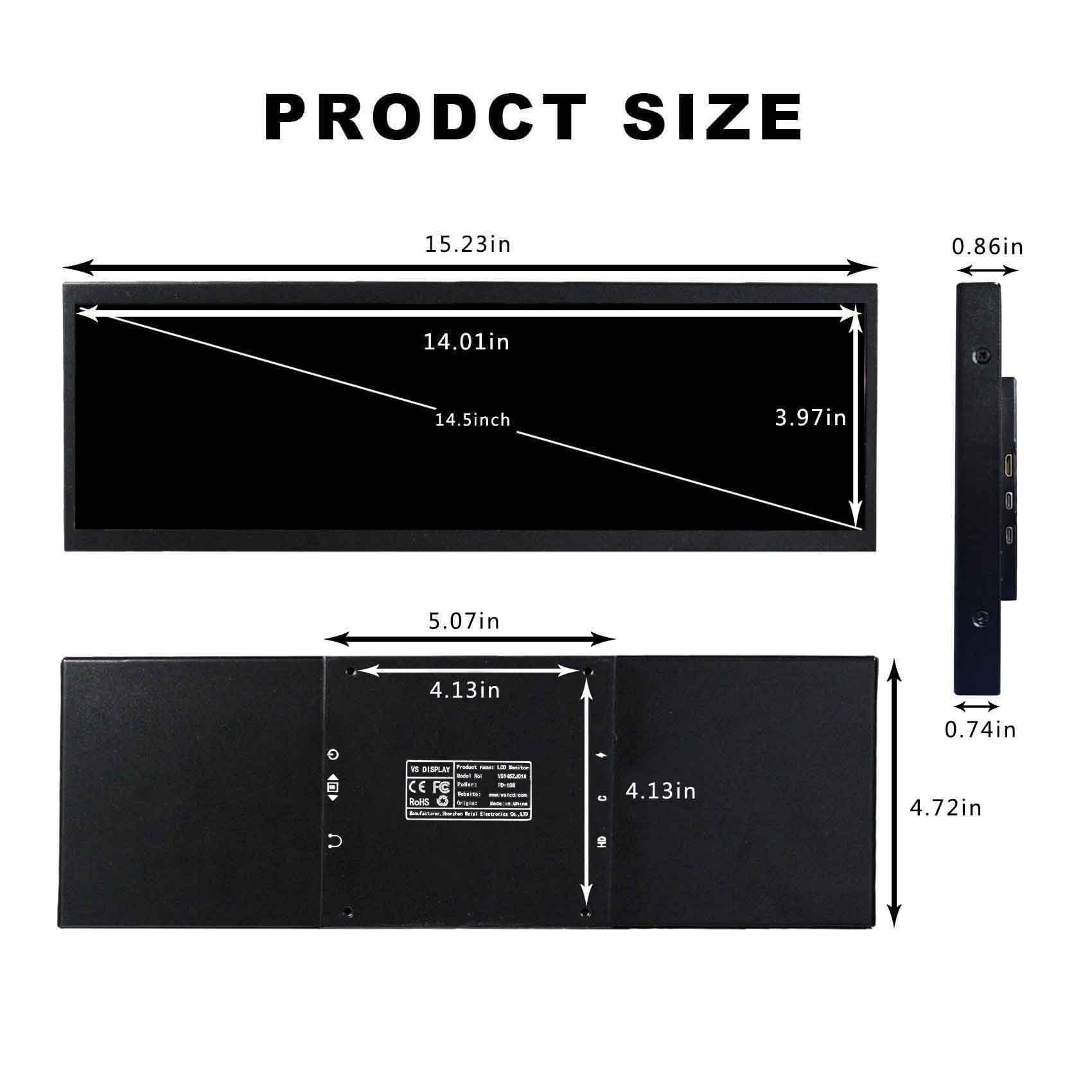 VSDISPLAY VSDISPLAY 14.5'' 14.5 Inch 2560x720 2K IPS LCD Monitor Stretched Bar Display for Computer PC Case GPU CPU Secondary Screen Monitor,Supports USB-C Mini HD-MI Video Input