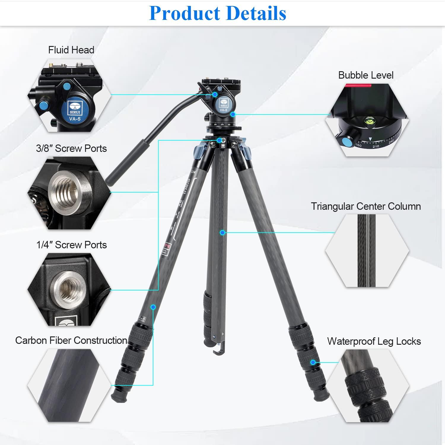 Sirui SIRUI Professional Carbon Fiber Tripod with 360Fluid Video Head, 72 Video Camera Tripod with Triangular Center Column, Large Tube, Waterproof Leg Locks, Load 6.61lbs (ST-224+VA-5)