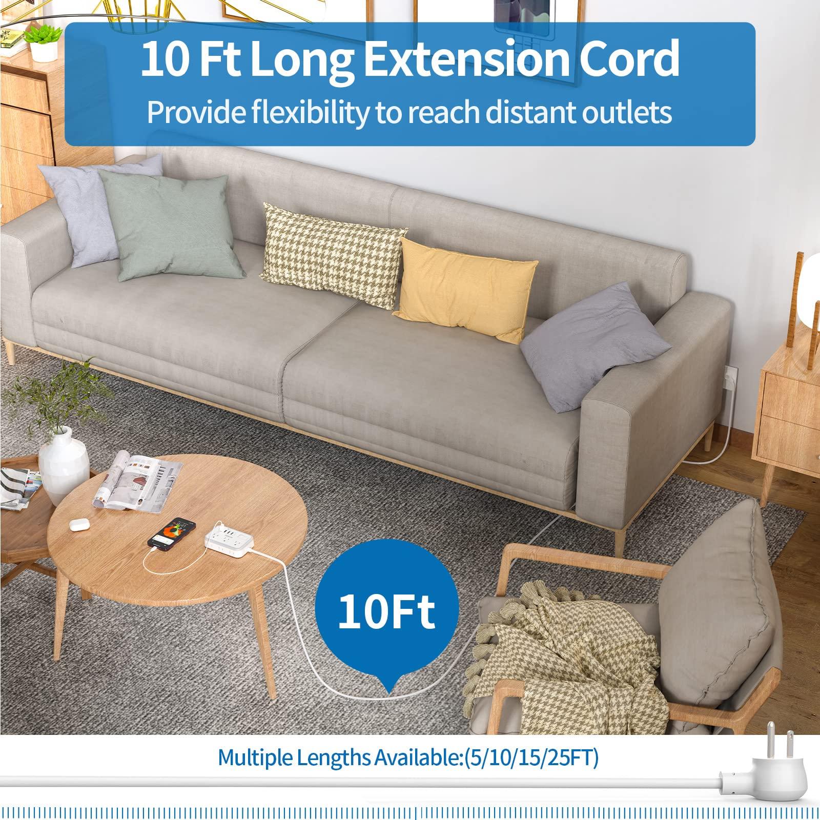 NTONPOWER Extension Cord 25 ft & 10 ft, NTONPOWER Surge Protector Power Strip with 6 Widely Outlets 4 USB Ports(2 USB C), Flat Plug, Wall Mounted, Side Outlet Extender for Indoor, Home Office, Dorm Room Essenti