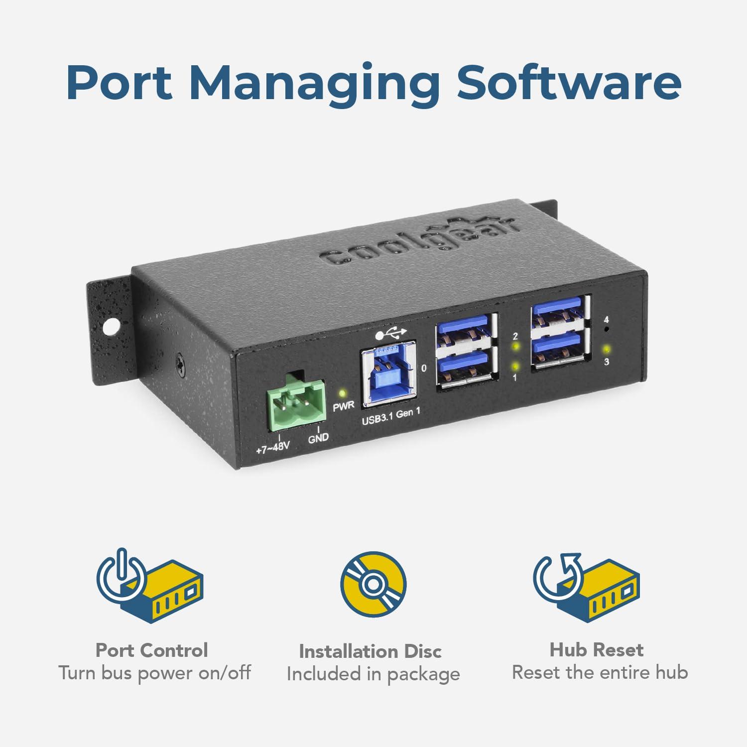 Coolgear Coolgear 4 Port Managed USB 3.2 Gen 1 Hub w/Small Footprint & 15KV ESD Surge Protection