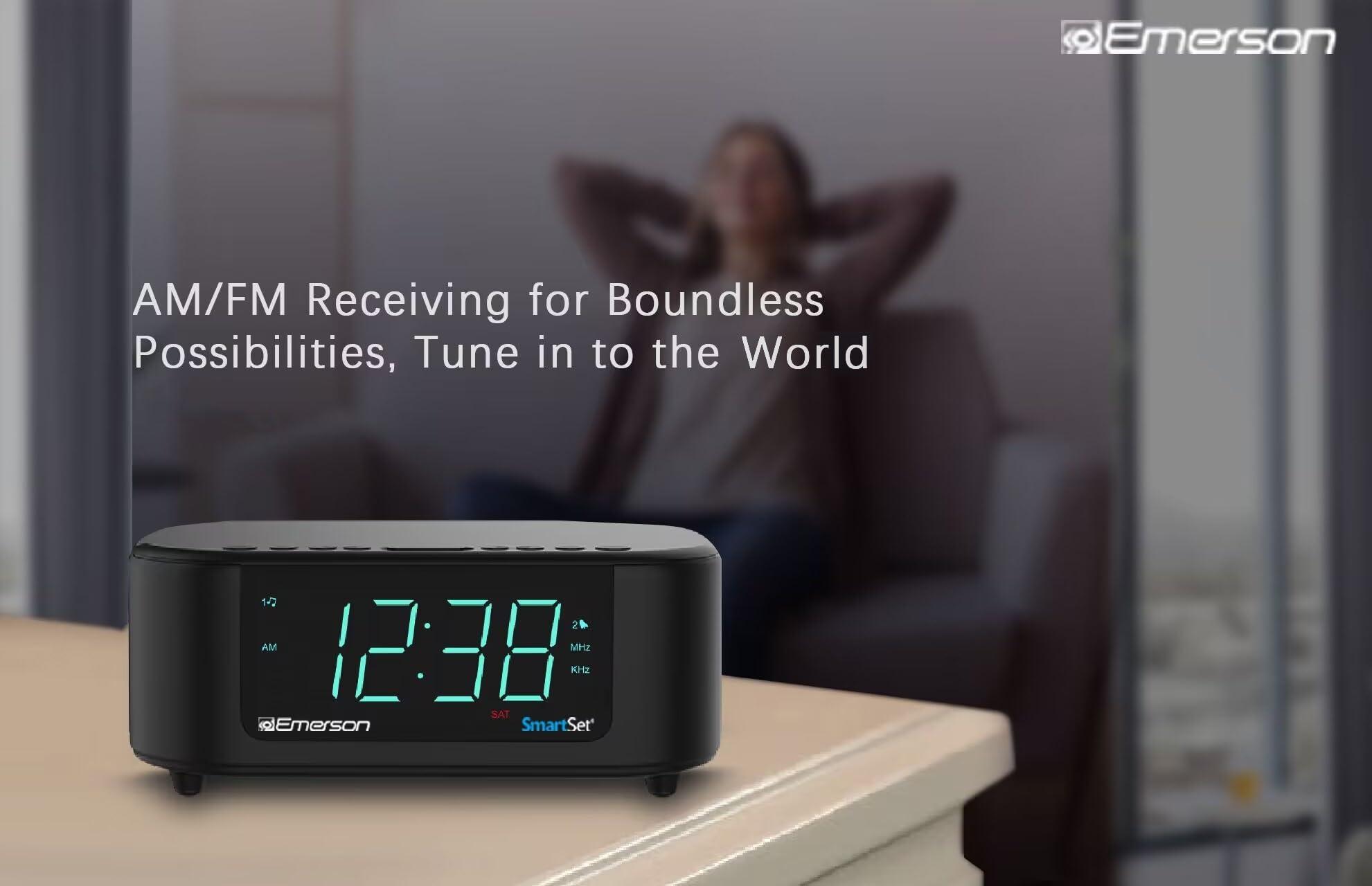 Emerson Emerson CKS8888 6-Watt Smartset Stereo Sound Bluetooth Speaker AM/FM Radio with 7-Color Changing Lights, 1.2 Cyan Display and USB Type-C Charging, Black