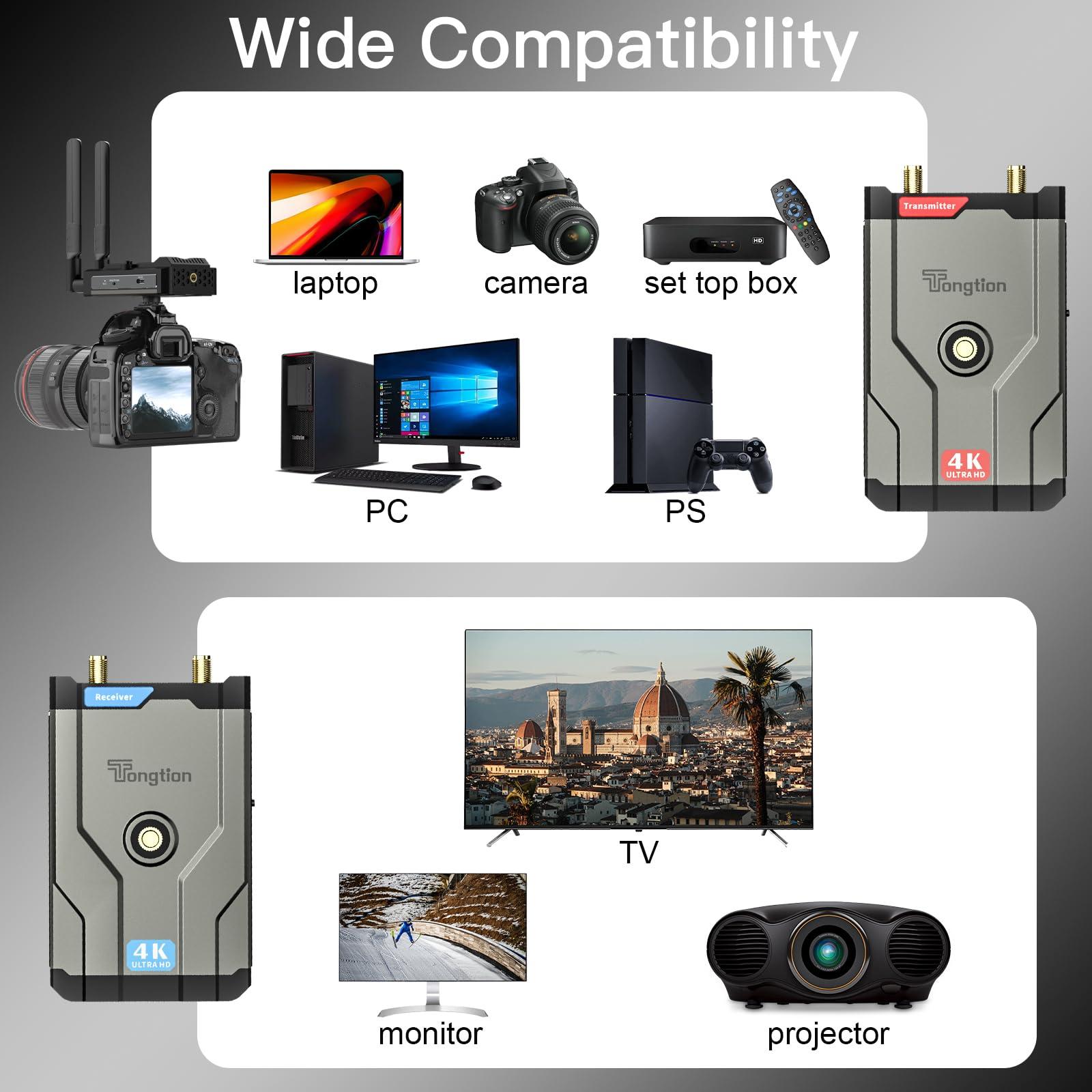 Tongtion Wireless HDMI Transmitter and Receiver 4K, 492FT Range Plug&Play HDMI Extender Kit, 5G HDMI Video Transmission System 4K Full HD for Streaming from DSLR/Laptop/Netflix/YouTube to TV/Projector