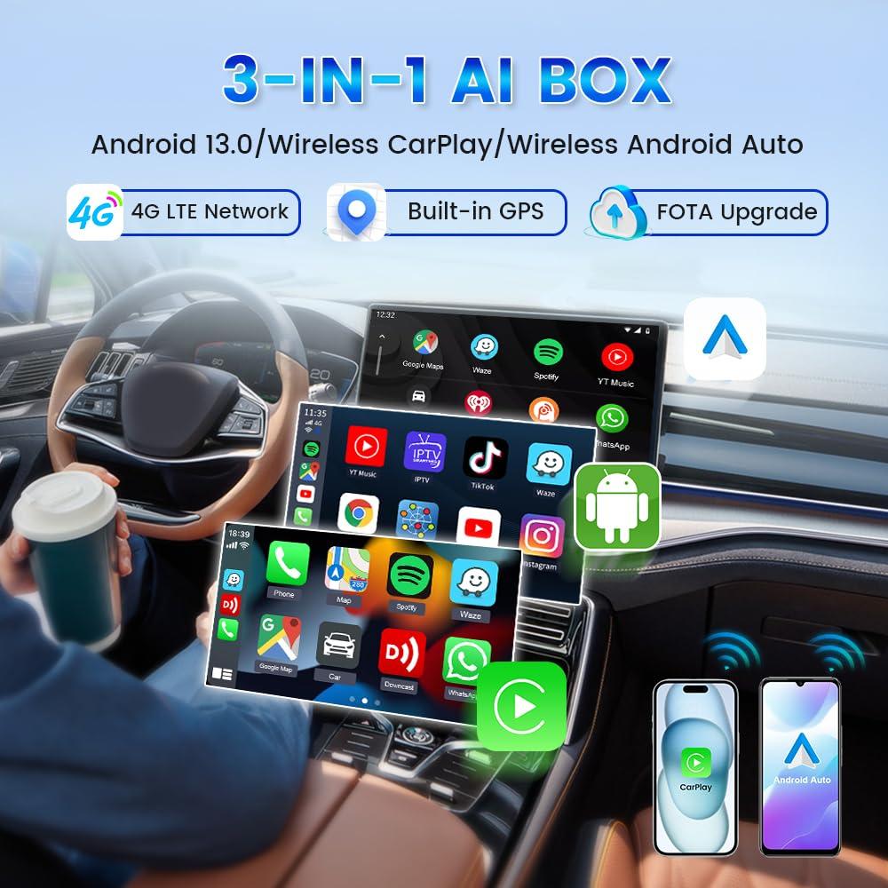 Carlinkit CarlinKit CarPlay Box Streaming Device for Car YouTube, TikTok, Netflix CarPlay Adapter | Convert Wired to Wireless CarPlay & Android Auto | Android 13.0, 8-Core, 8GB+128GB, SM6225, Blue
