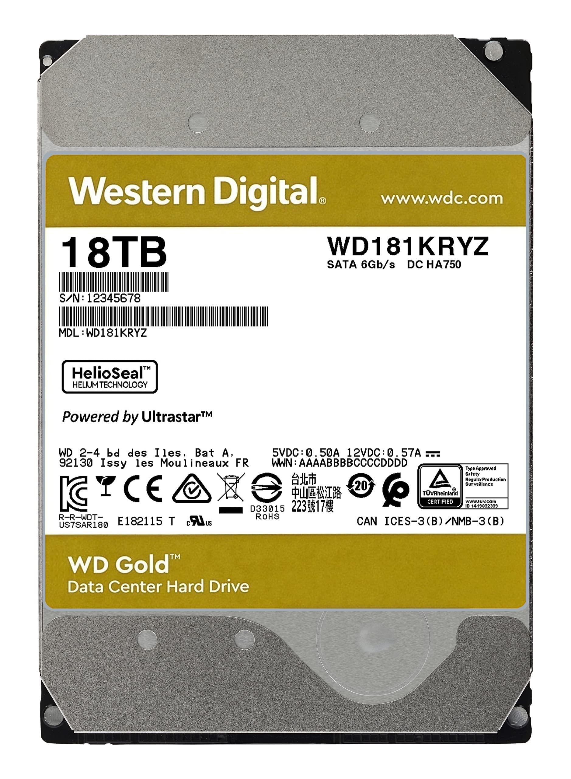 Western Digital Western Digital 18TB WD Gold Enterprise Class Internal Hard Drive - 7200 RPM Class, SATA 6 Gb/s, 512 MB Cache, 3.5" - WD181KRYZ (Renewed)