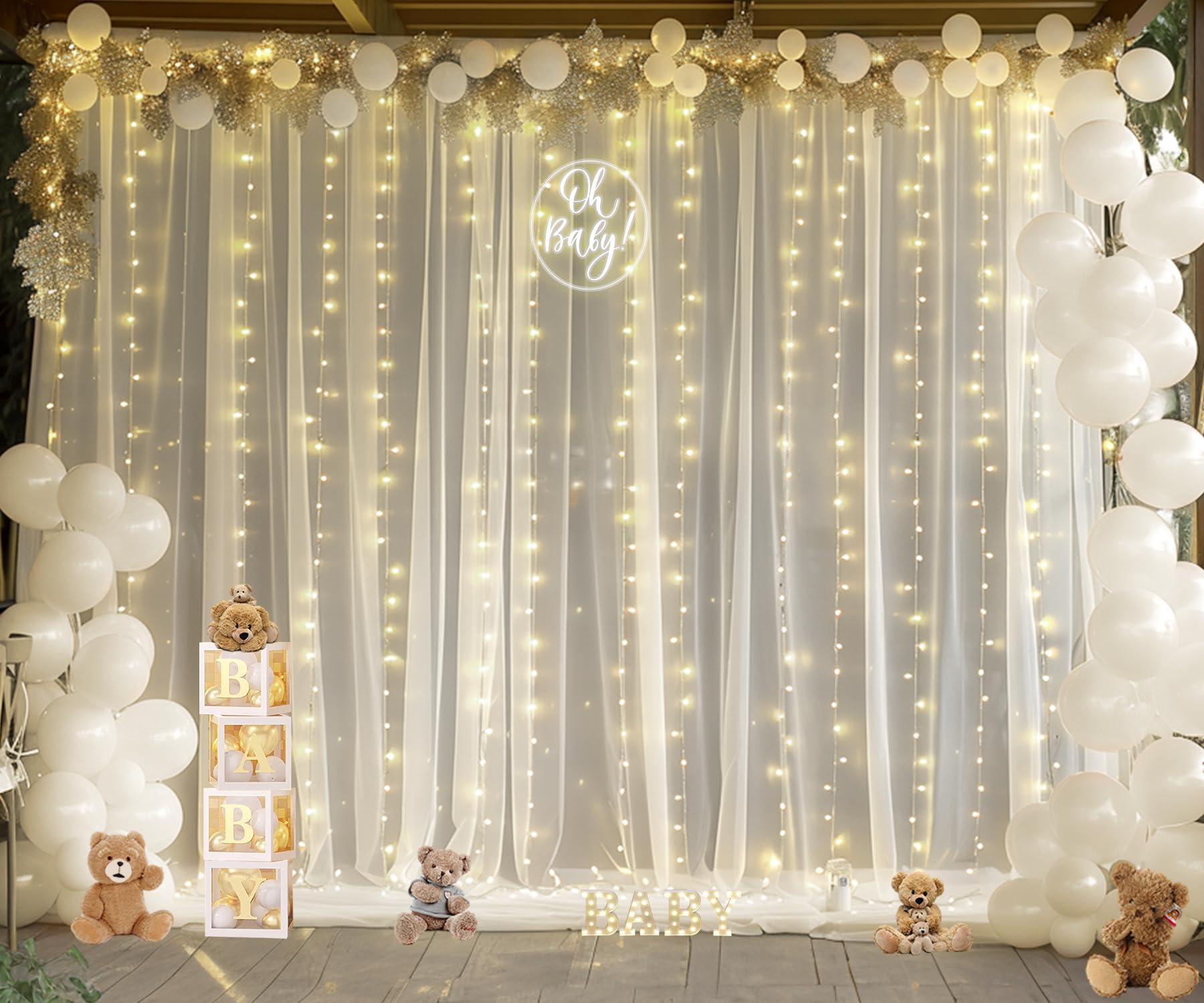 Suppromo Ivory Tulle Backdrop Curtains with Lights String for Parites Wedding 1010ft Sheer Backdrop Curtains for Baby Shower Birthday Party Photo Shoot Background Decorations
