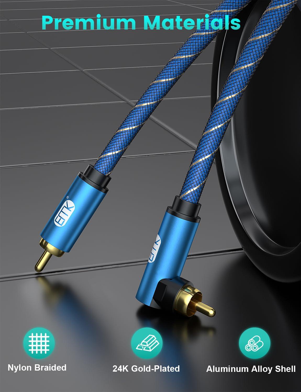 EMK EMK 90 Degree Subwoofer Cable, RCA Cable Male to Male Digital Coaxial Audio Cable for Subwoofer, TV, Sound Bars, Amplifier,Speaker and More-Blue (90 Degree to Straight(1 Pack), 5FT/1.5M)