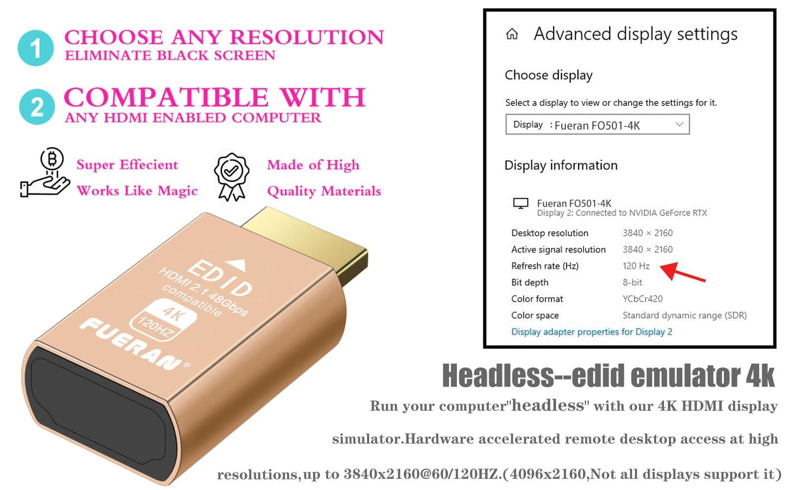 FUERAN FUERAN HDMI 2.1 Dummy Plug 4K@120Hz Virtual Display Emulator, Headless Adapter, HDMI Display Adapter, Supports 3840x2160@120Hz, 1440P@120Hz, 1080P@120Hz, EDID Emulator for GPU/Remote Desktop