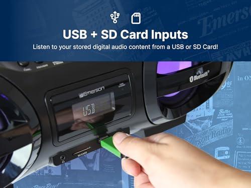 Emerson Emerson EPB-3005 Retro Portable Boombox CD Player, Cassette, AM/FM Radio, Bluetooth, USB, LED Display, Aux-in, Headphone Jack, Battery or AC Powered, Classic Entertainment for Home & Outdoors