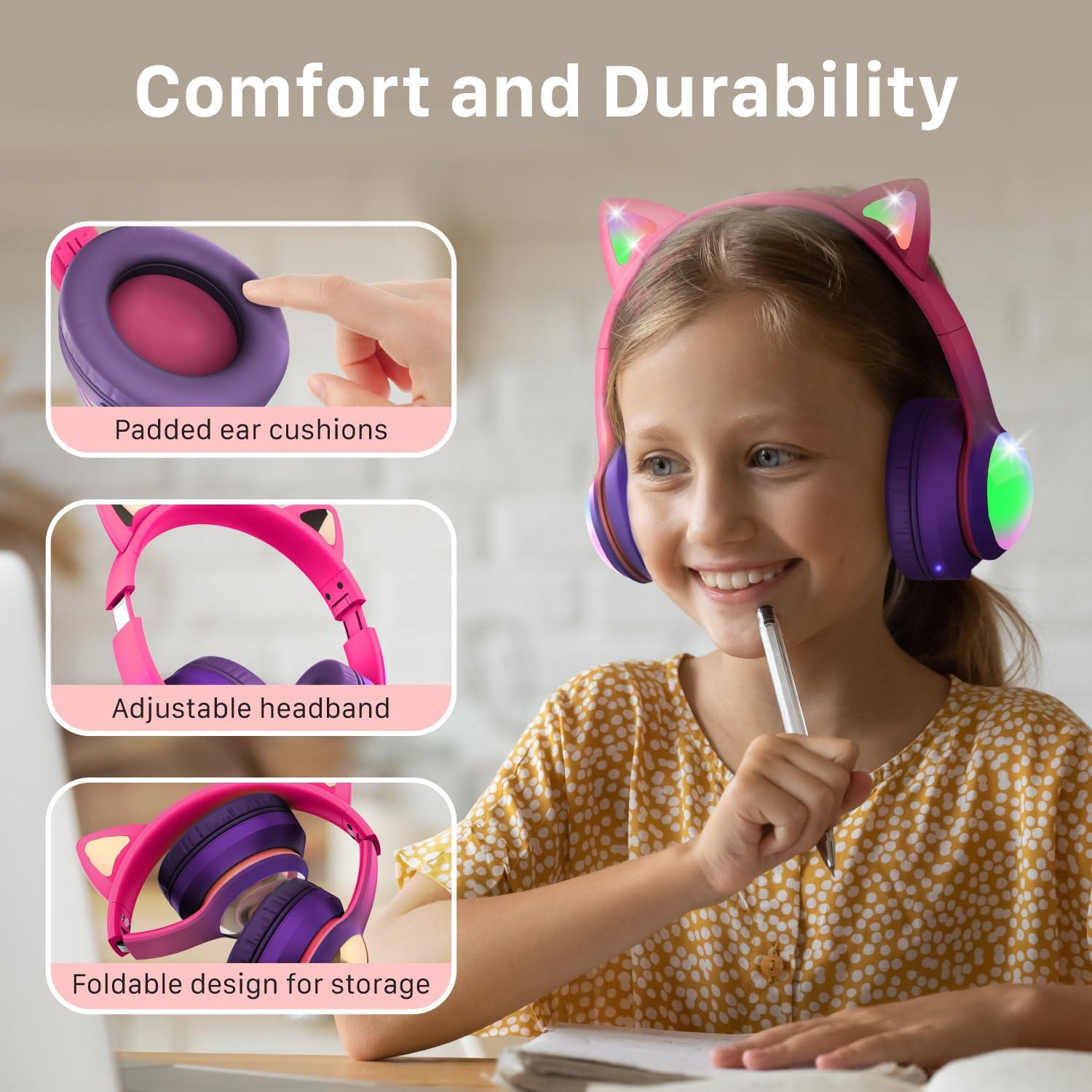 FosPower FosPower Kids Bluetooth 5.2 Headphones with LED Cat Ears (85/94dB Volume Limit & 100H Play Time) Foldable Wireless/Wired Headset with 3.5mm Cable for School/Travel - Hot Pink/Purple