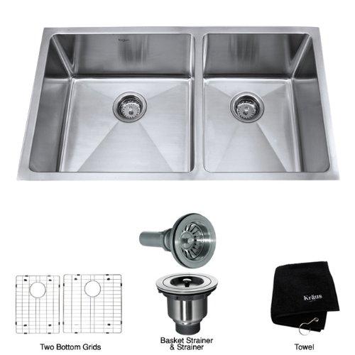 Kraus Kraus Standard PRO 33-Inch 16 Gauge Undermount 60/40 Double Bowl Stainless Steel Kitchen Sink, KHU103-33