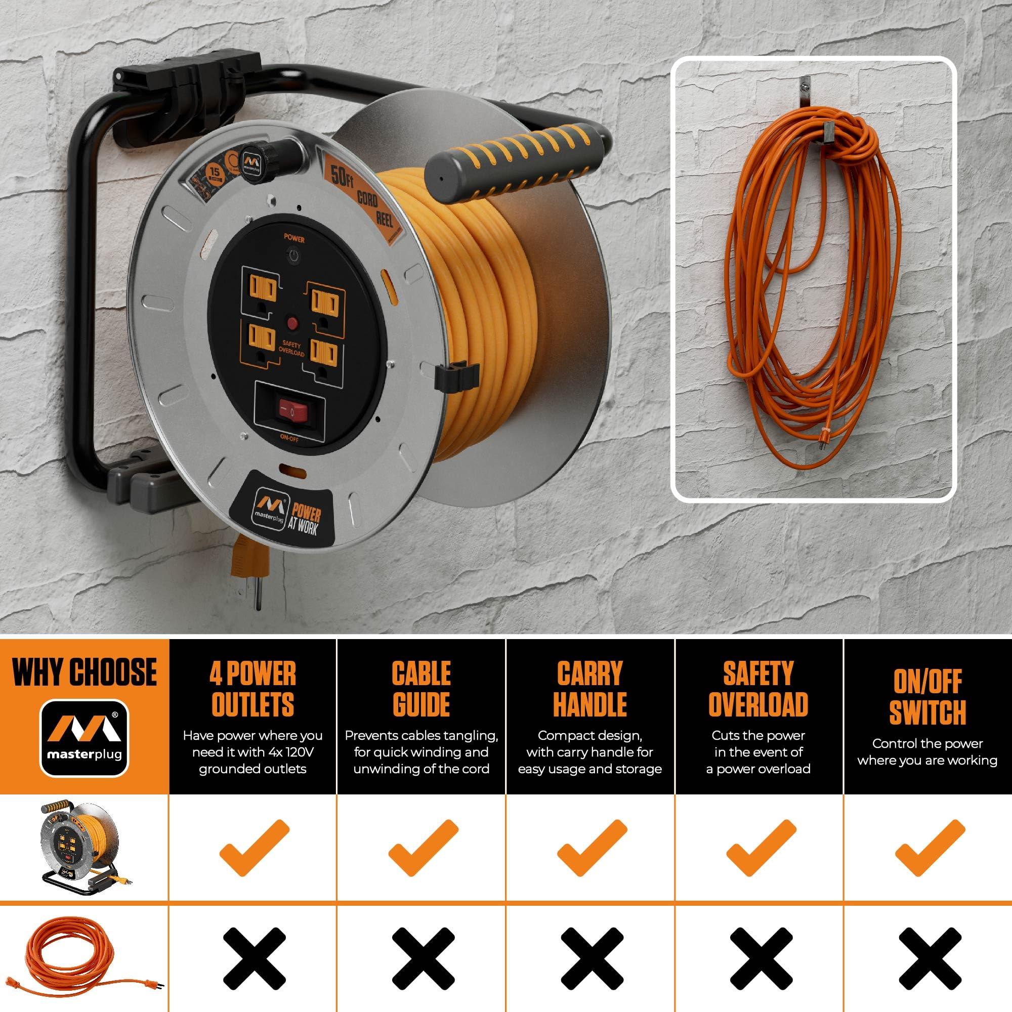 Masterplug Masterplug 50ft Cord Reel, Metal Steel Cable Drum, Retractable Extension Lead with Winding Handle, Safety Overload Circuit Breaker and Power Switch, 4x Grounded Outlets, 15amps, 12AWG Cable