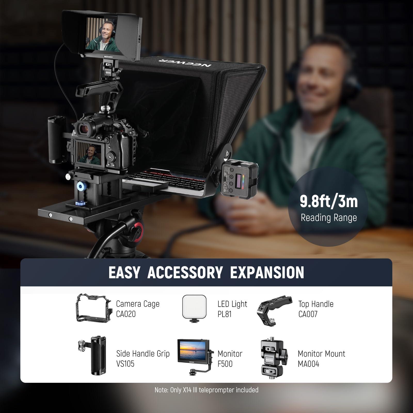 NEEWER Neewer Teleprompter X14 III with RT113 Remote/App Control, 45 Tilt 14" Beamsplitter All Metal Frame Upgraded Camera Mount QR Plate Compatible with Manfrotto 501PL for iPhone iPad DSLR, Assembly Free