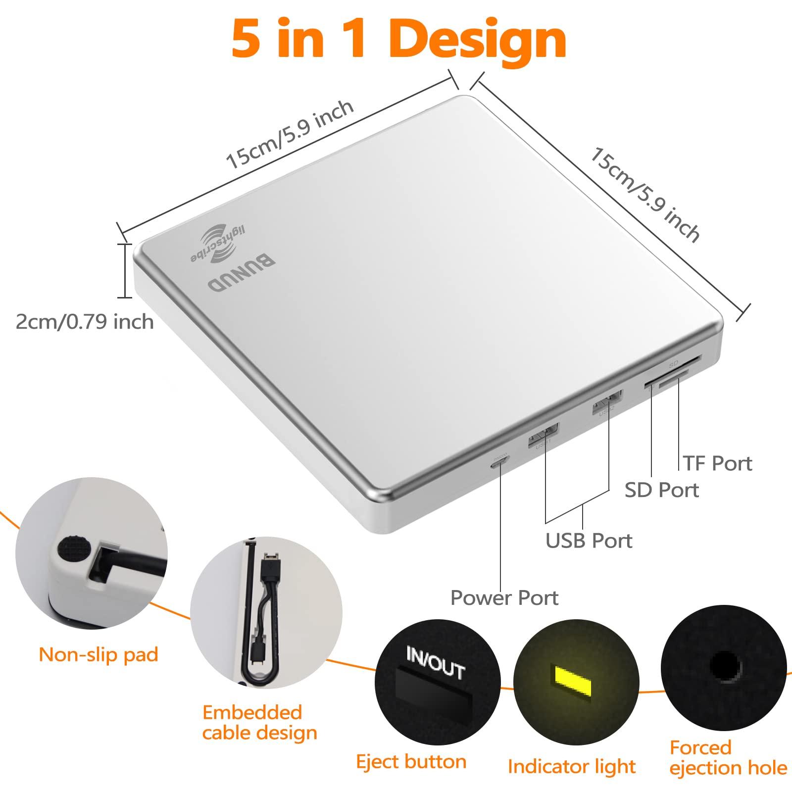 BUNUD External CD DVD Drive LightScribe CD/DVD +/-RW Burner Player Writer Optical Disk Reader Portable CD DVD Drive for Laptop Mac MacBook PC Windows 11 10 Linux OS