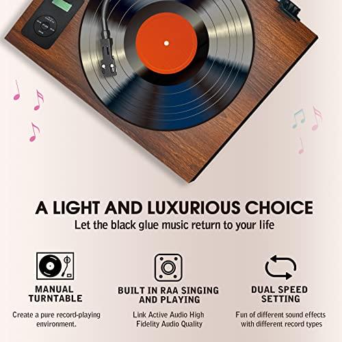 Herneum Record Player Bluetooth, Vintage Turntable with 2 Stereo Speakers Built-in Bluetooth Input Output for Double-Speed Vinyl Record Belt-Drive Manual Turntable Portable Record Player